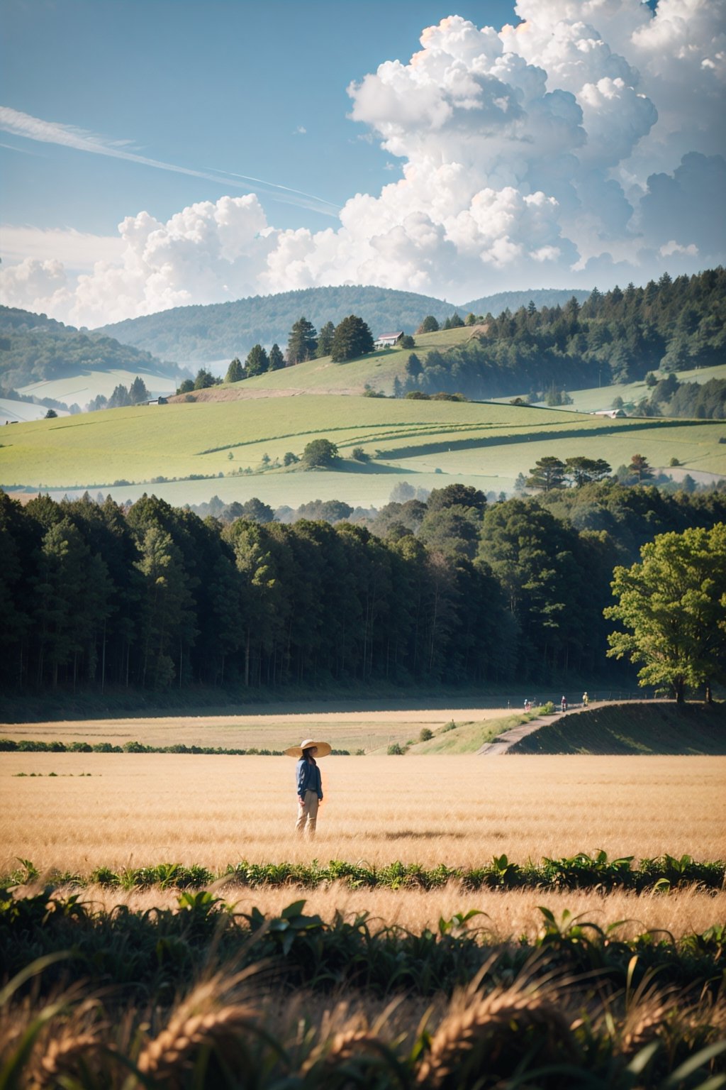 Wheat field, a farmer uncle with a straw hat standing in a wheat field, big clouds, blue sky, rice field, neat rice seedlings in the field, forest, hillside, secluded, rural, HD detail, hyper-detail, cinematic, surrealism, soft light, deep field focus bokeh, ray tracing and surrealism