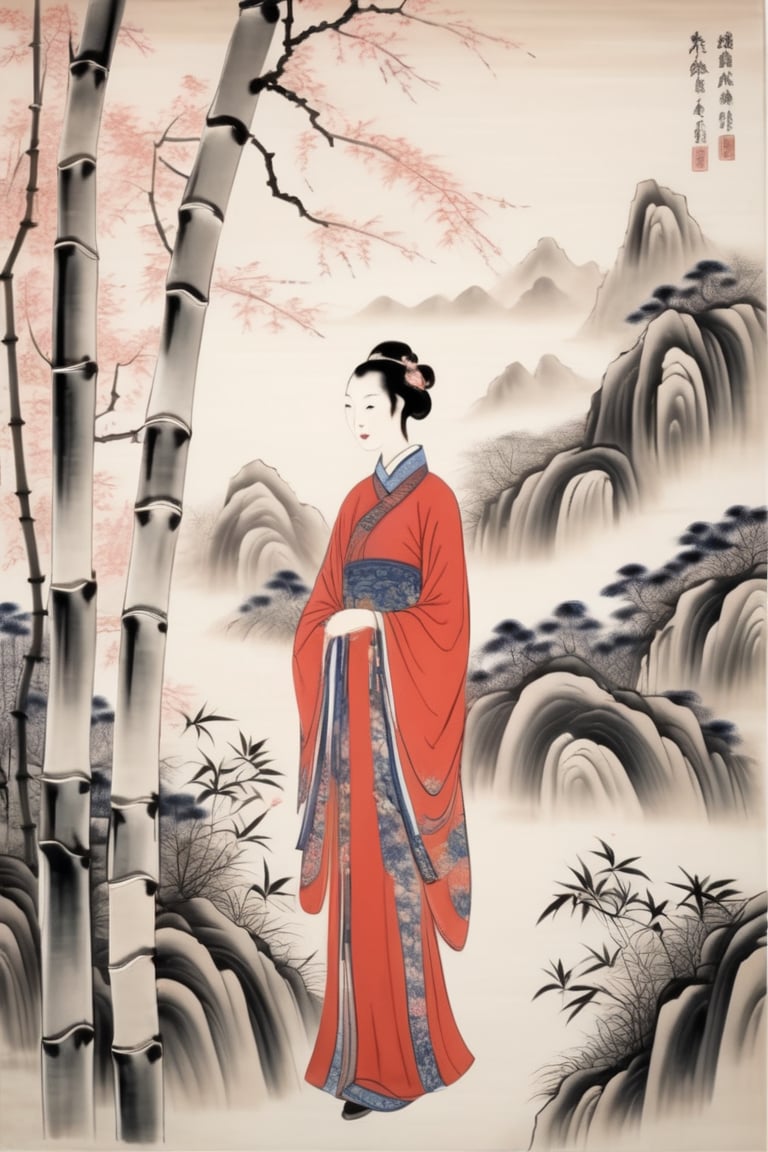 shuimobysim portrait of a naive lady standing in bamboo forest, (masterpiece, best quality:1.2), traditional china painting, modelshoot style, peaceful, (smile), looking at viewer, wearing long (qipao, cheongsam) plum flowers on plum trees, mountains in faraway background, wuchangshuo, zhangdaqian