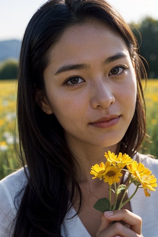 A close up portrait of a beautiful woman picking flowers in a meadow by Ken Sugimori, summer, dawn