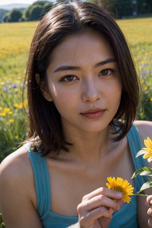 A close up portrait of a beautiful woman picking flowers in a meadow by Ken Sugimori, summer, dawn