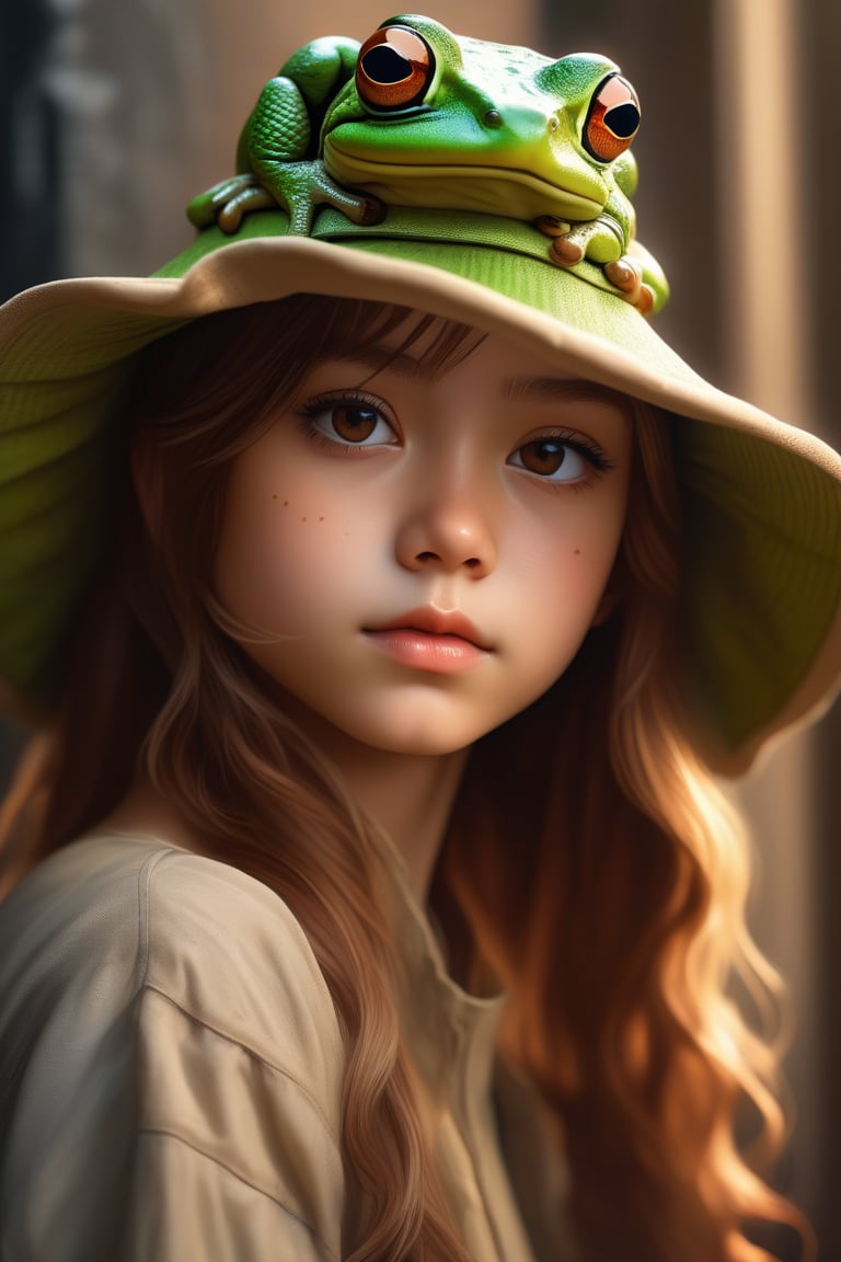 (masterpiece,best quality, ultra realistic,32k,RAW photo,detailed skin, 8k uhd, high quality:1.2), Renaissance style portrait of cute anime girl with long brown hair with a frog bucket hat, digital art . realistic, perspective, light and shadow, religious or mythological themes, highly detailed