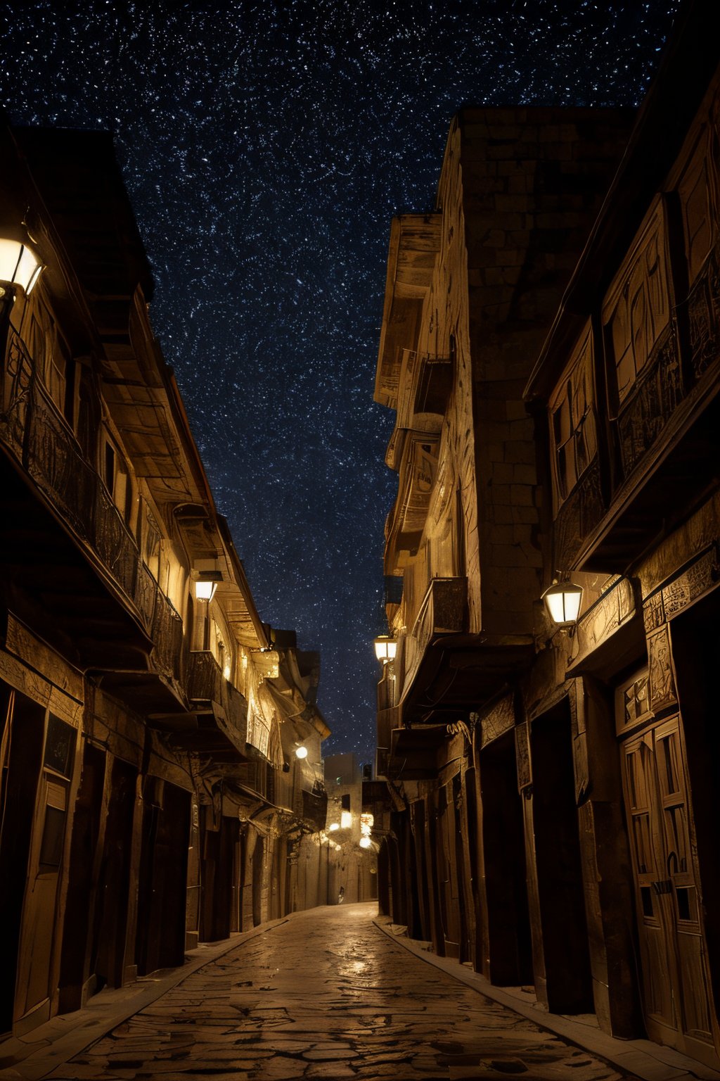 with a wide-angle view, A photograph of a beautiful night walk through the streets of Damascus' Old City', its history.
The atmosphere was filled with magic and the sound of prayers, creating a mystical ambiance.
The artistic careful strokes created a dreamlike world, reflecting the cinmatic light in different ways
ultra quality, ultra detailed one moon, sky full of stars, ultra detailed building's, ultra detailed, 4K resolution, 