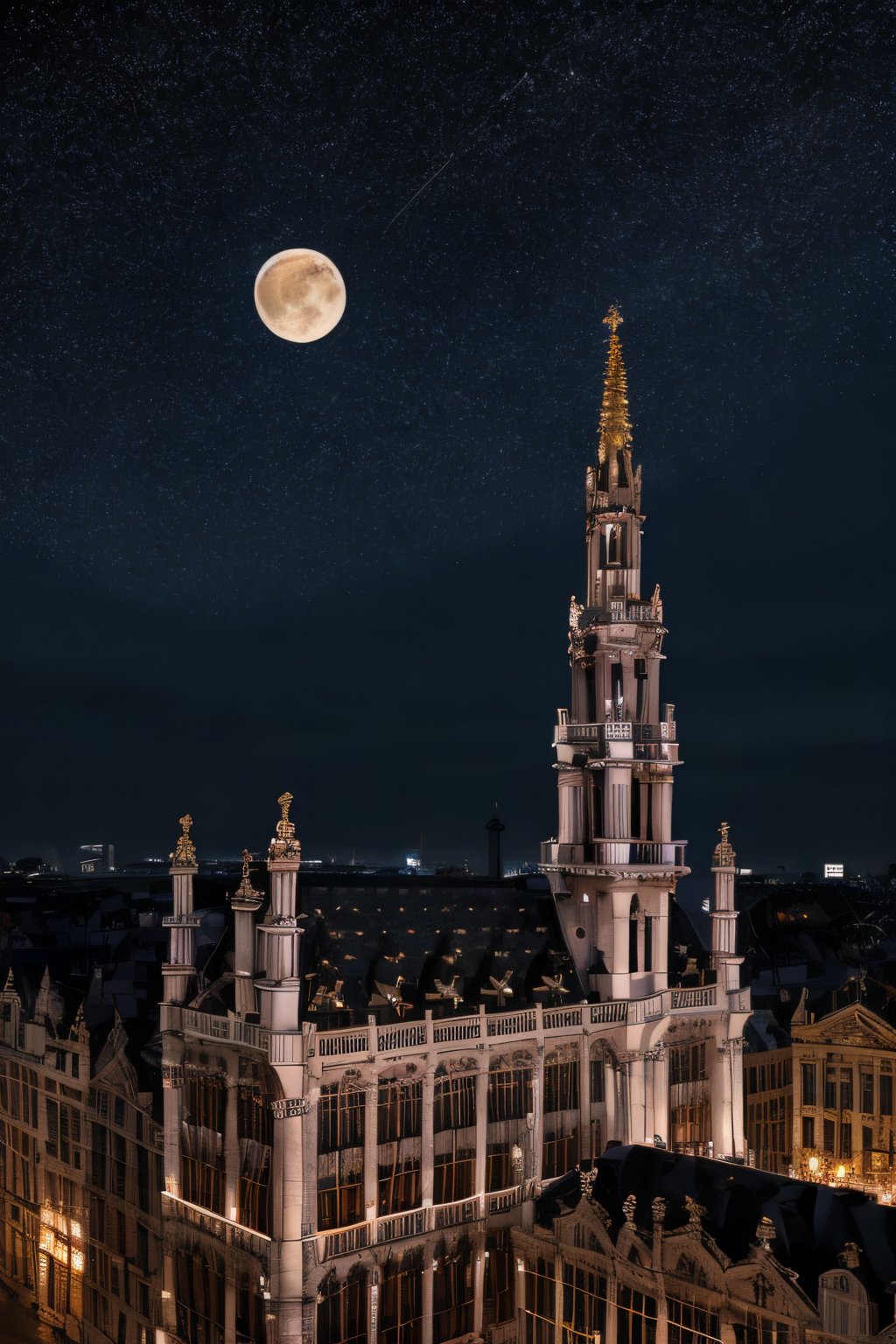 A photograph of beautiful night background from Brussels, ultra quality, ultra detailed one moon, sky full of stars, ultra detailed building's, ultra detailed, 4K resolution, cinematic lights 