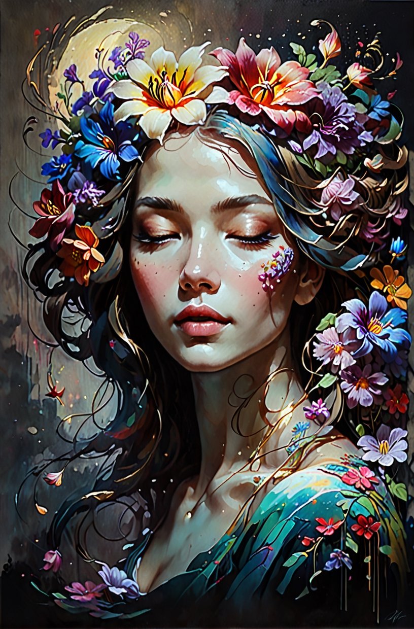 A stunning, surreal illustration of a woman with cascading hair adorned with vibrant flowers that blend harmoniously into one another. The ethereal, flowing tapestry of color stands out against the dark background, creating a dreamlike atmosphere. The woman's face tilts upwards, her eyes closed, and her tranquil expression conveys a sense of blissful contemplation. The artwork, featuring conceptual and graffiti-inspired elements, exudes serenity, beauty, and otherworldly charm, inviting viewers to explore the realms of fantasy and imagination., conceptual art, graffiti, painting, vibrant, dark fantasy, illustration