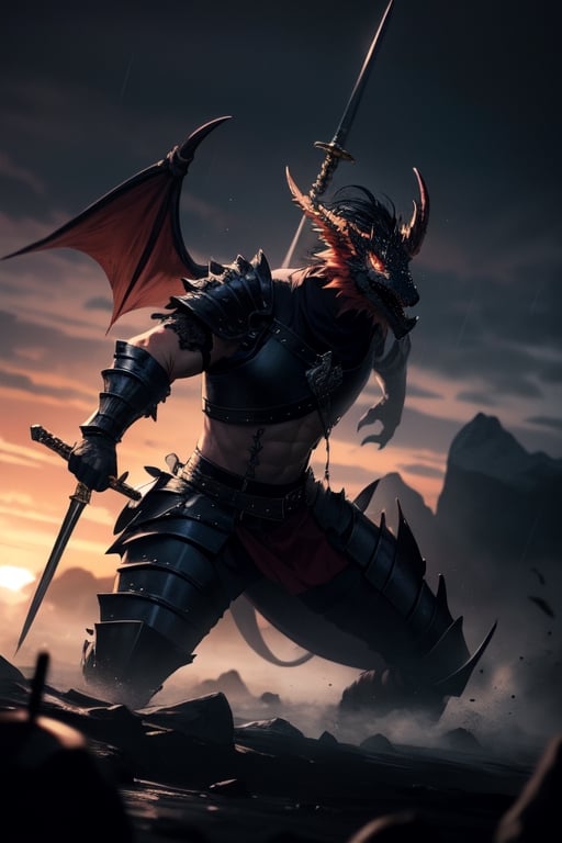 An award winning photograph - A Nordic warrior with a long sword and dressed in Nordic armor, in battle against a dragon wyvern. A stunning nebula colors across the sky, created by the scattering of sunlight on raindrops. Masterpiece, ultrasharp, depth of field and boekh, the best quality,