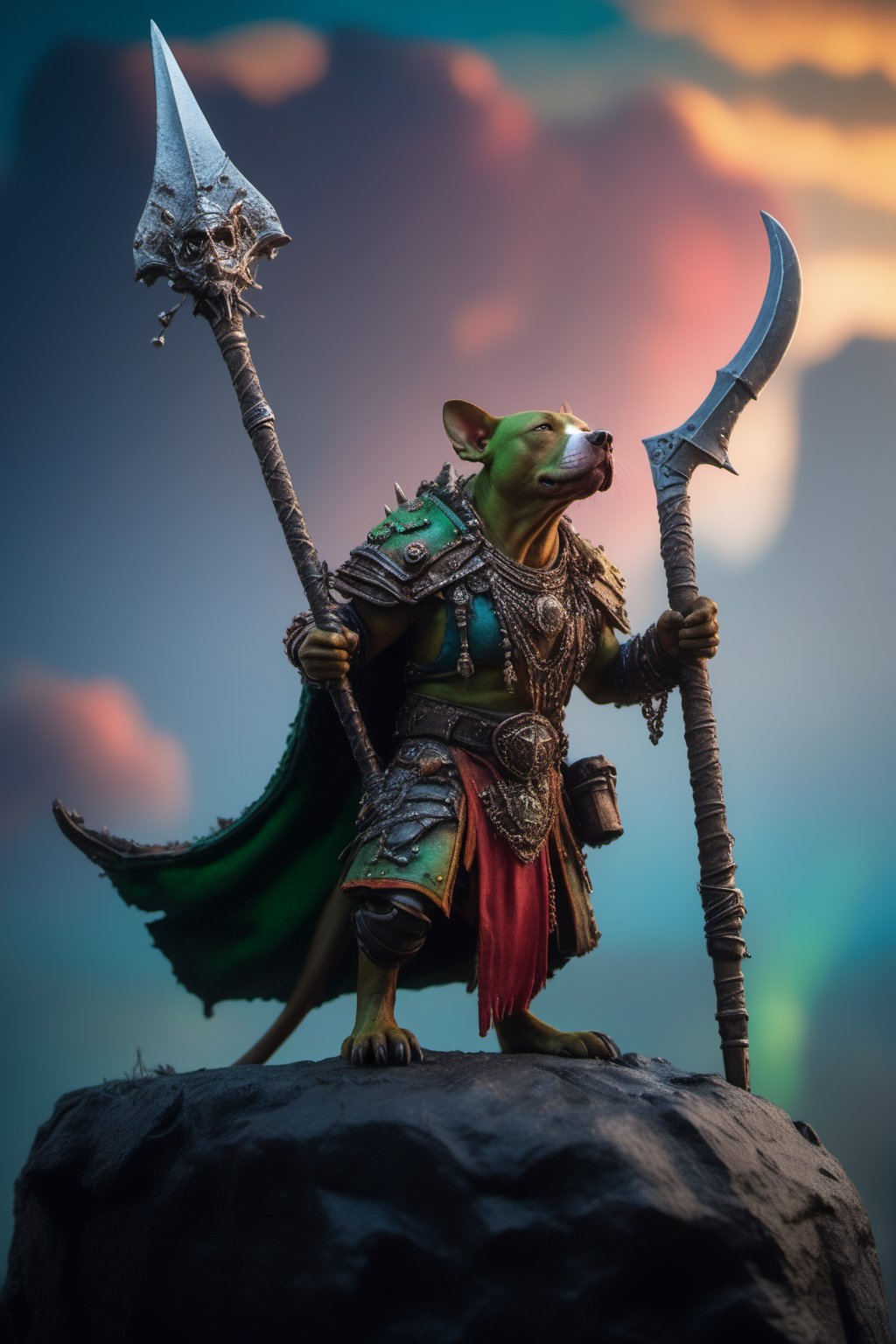 an awarded photography of Tretch Craventail - A devious Skaven chieftain with a long, pitbull and clad in tattered robes. A stunning arch of colors across the sky, created by the dispersion of sunlight in raindrops. , masterpiece, ultrasharp, depth of field and boekh, best quality,