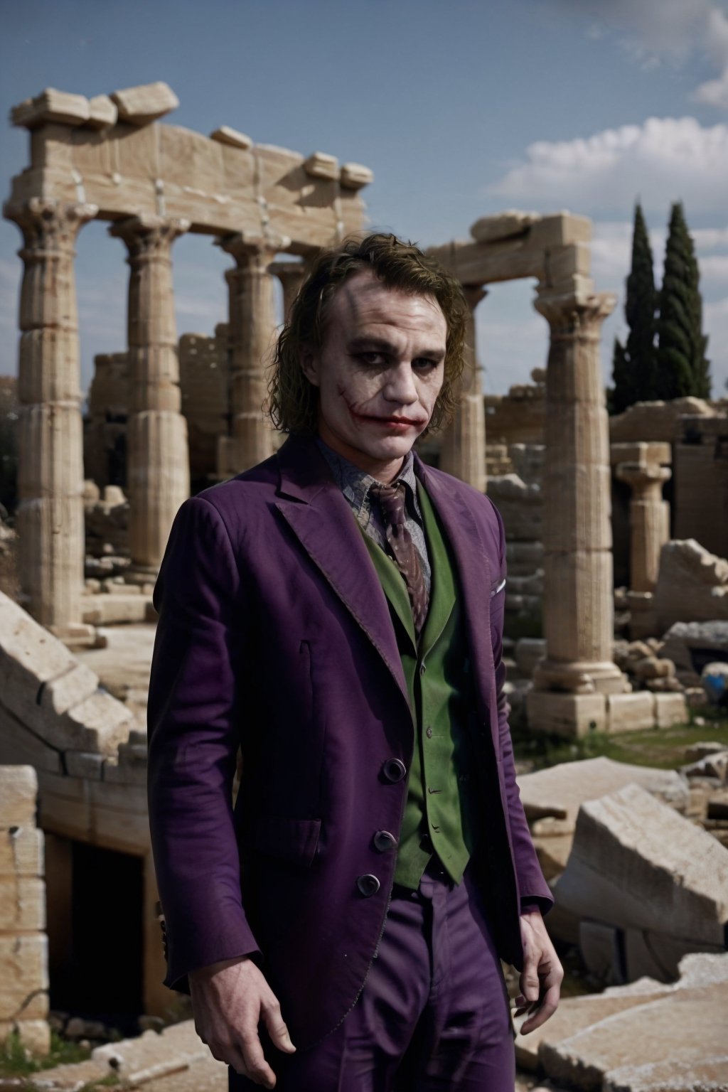 Joker Heath Ledger wearing a Andromeda Shun Cloth inside a  greek ruins,FFIXBG,ezio_soul3142,1boy