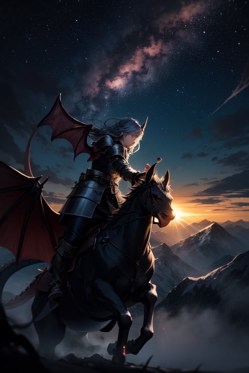 An award winning photograph by Tretch Craventail - A cunning Nordic warrior with a long sword and dressed in Nordic armor, fighting a wyvern dragon. A stunning nebula colors across the sky, created by the scattering of sunlight on raindrops. Masterpiece, ultrasharp, depth of field and boekh, the best quality,