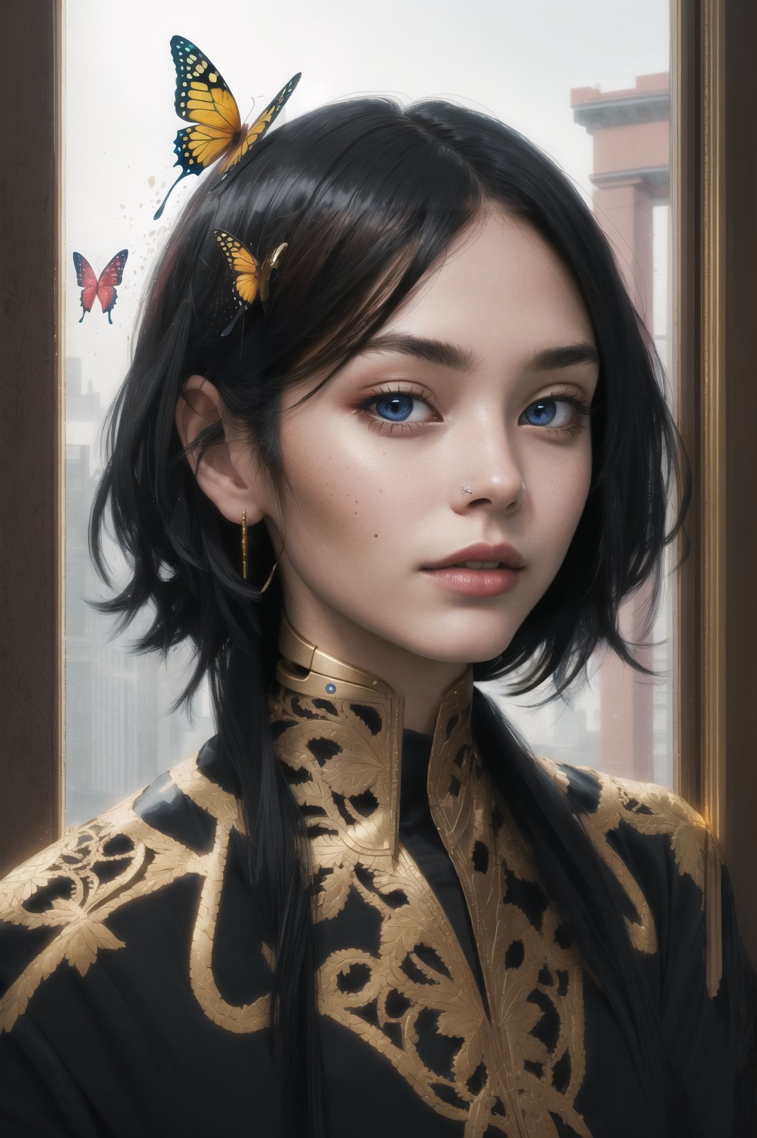 8k portrait of beautiful cyborg with black hair, intricate, elegant, highly detailed, majestic, digital photography, art by artgerm and ruan jia and greg rutkowski surreal painting gold butterfly filigree, broken glass, (masterpiece, sidelighting, finely detailed beautiful eyes blacks: 1.2), hdr, (detailed background window to a new dimension, plants and flowers:0.7)  infinity, infinite symbol,SAM YANG