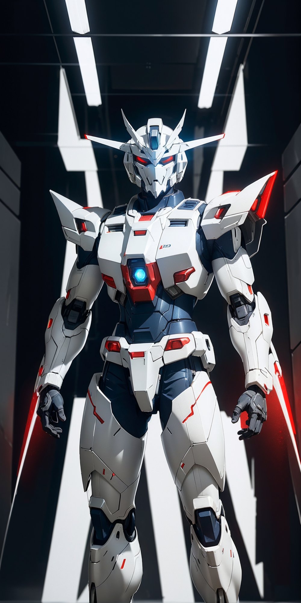 photograph of boy wearing futuristic gundam armor, matte white and red glowing armor, artistic armor detail, hi tech, reflection mapping, realistic figure, hyper detailed body, cinematic lighting photography, cyberpunk style background, 32k uhd mecha style, super hero pose, cinematic shoot, perfecteyes, red eyes, deadly look, badass pose, massive hitech weapons, niji 5, 