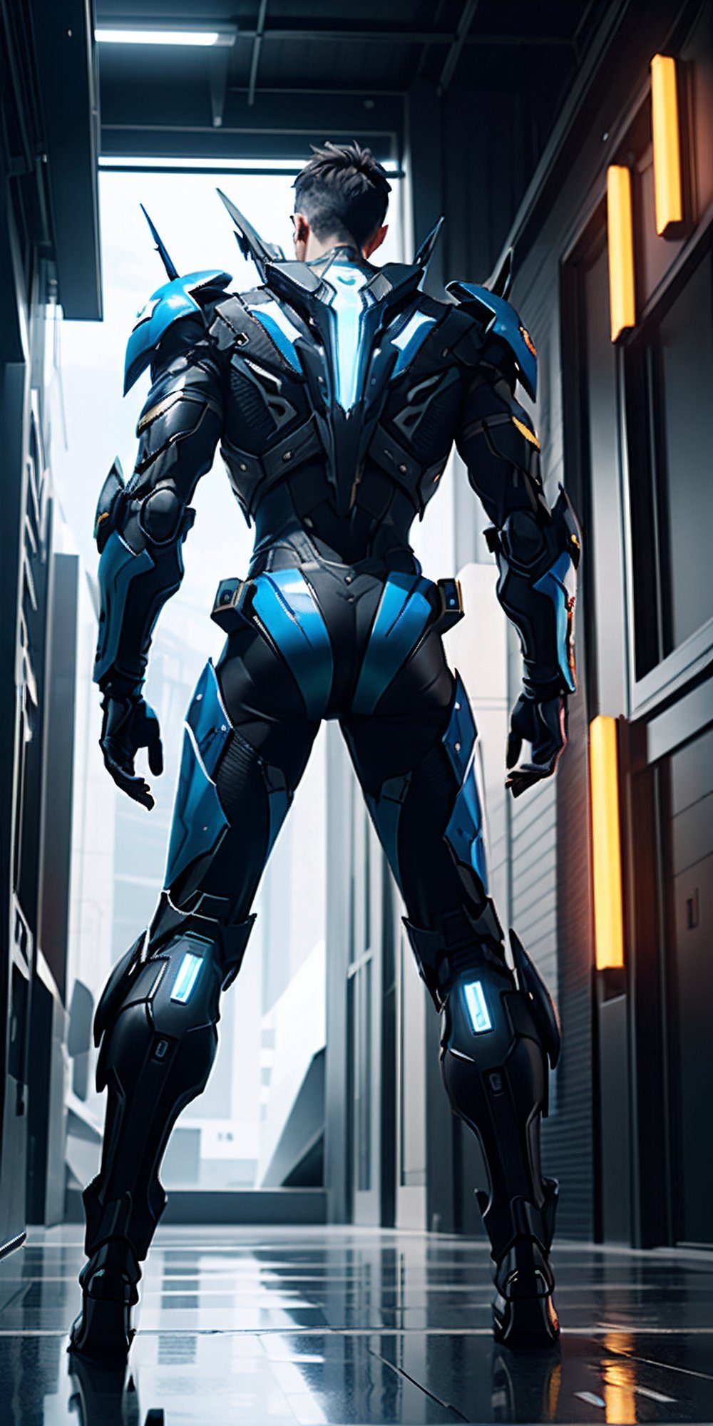 photograph of boy wearing futuristic complex fullbody knight armor, matte black armor, blue artistic armor detail parts, hi tech, reflection mapping, realistic figure, hyper detailed body, cinematic lighting photography, cyberpunk style background, 32k uhd mecha style, super hero pose, cinematic shoot, perfecteyes, blue eyes, deadly look, badass pose, massive hitech weapons, niji 5, hyperdetailed, unreal engine, --ar 9:16, from behind, attracttive,