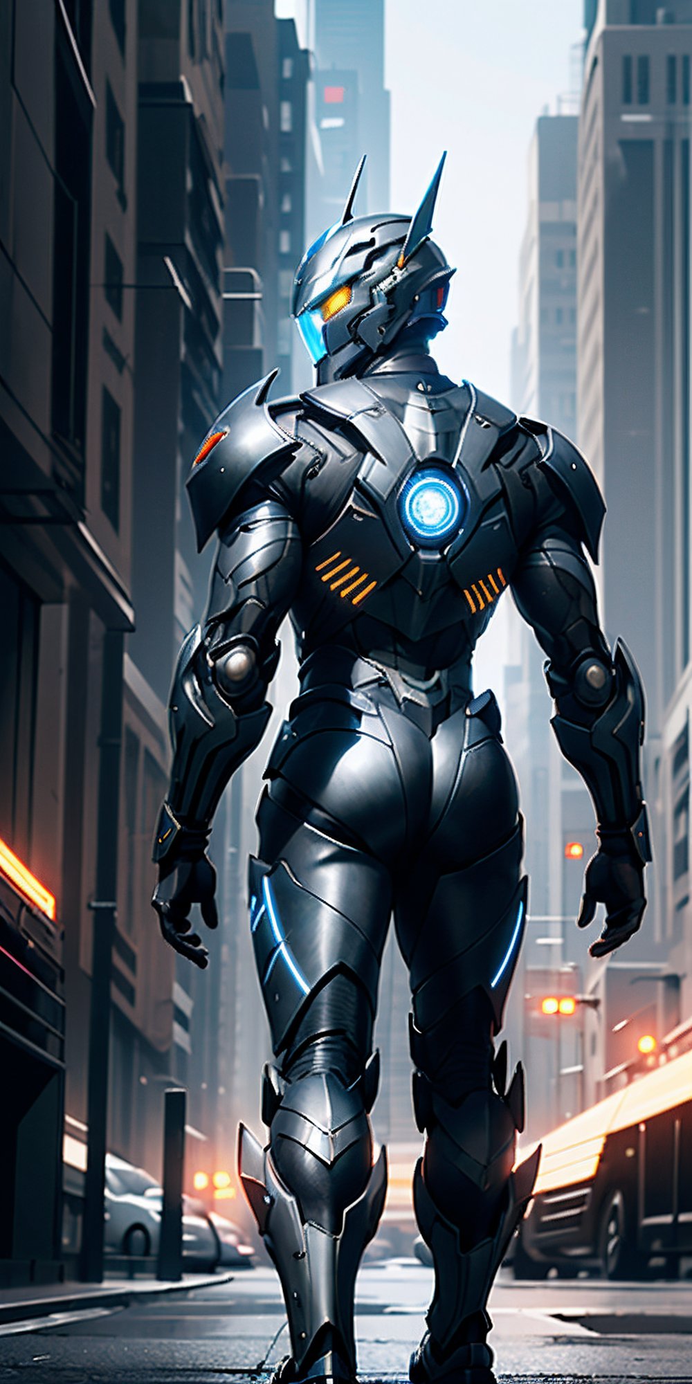 photograph of boy wearing futuristic complex fullbody knight armor, matte black armor, black gold artistic armor detail parts, hi tech, reflection mapping, realistic figure, hyper detailed body, cinematic lighting photography, cyberpunk style background, 32k uhd mecha style, super hero pose, cinematic shoot, perfecteyes, blue eyes, deadly look, badass pose, massive hitech weapons, niji 5, hyperdetailed, unreal engine, --ar 9:16, from behind, attracttive, holding the helmet