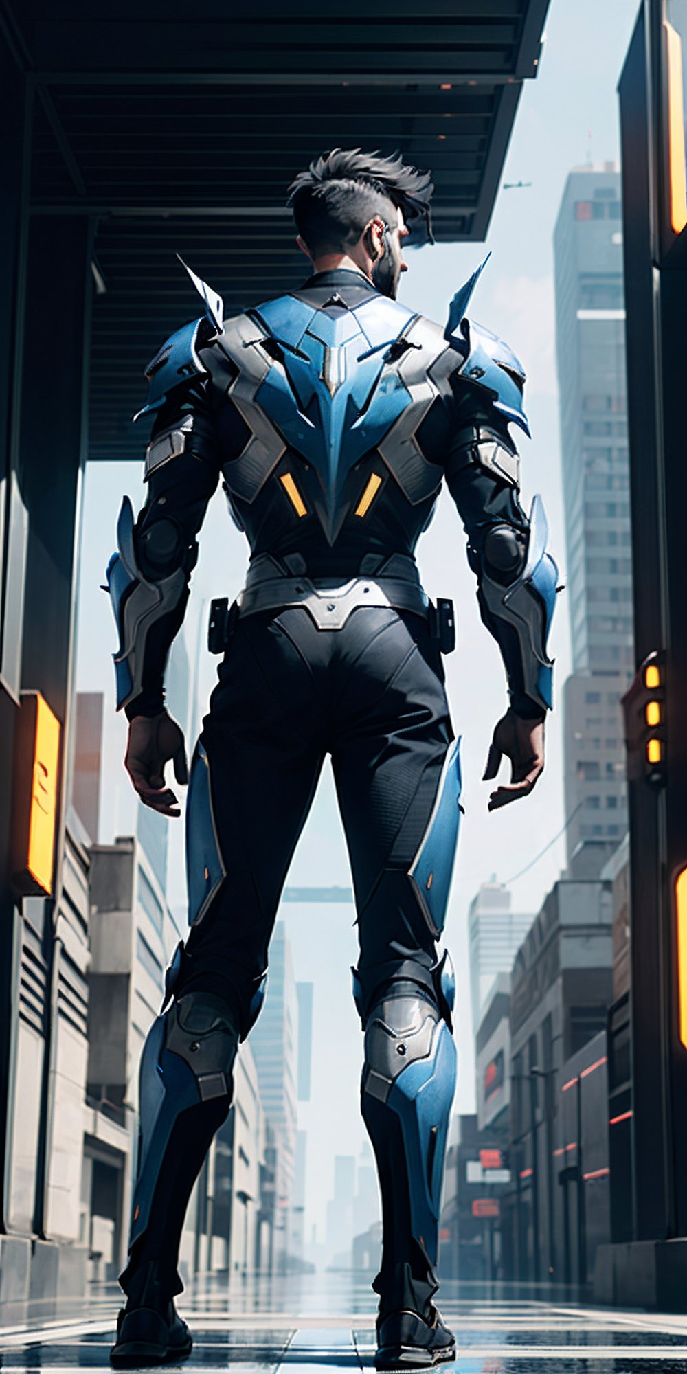 photograph of boy wearing futuristic complex fullbody knight armor, matte black armor, blue artistic armor detail parts, hi tech, reflection mapping, realistic figure, hyper detailed body, cinematic lighting photography, cyberpunk style background, 32k uhd mecha style, super hero pose, cinematic shoot, perfecteyes, blue eyes, deadly look, badass pose, massive hitech weapons, niji 5, hyperdetailed, unreal engine, --ar 9:16, from behind, attracttive,