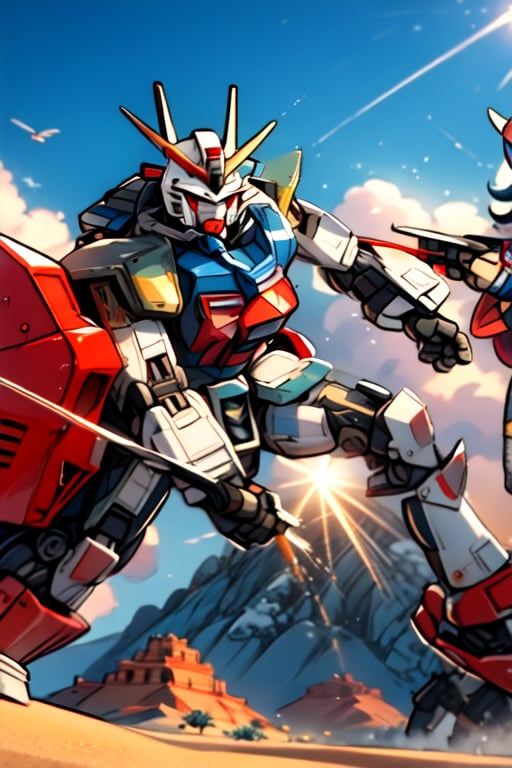 An epic scene unfolds as two opposing Mobile Suit Gundams engage in "combat" amid a barren desert landscape. Gundam Rx-78 vs Gundam StrikeFreedom, The gundams exude the spirit of battle with a "dynamic" style, and the silence of the desert implies the tension between them. The scorching sun's rays highlight the mechs' details, creating a sense of warmth amidst the battle.

The cinematic photograph captures this intense clash, combining the prowess of Ray tracing and CG to achieve a mesmerizing 8K resolution. Intricate detailing and high-detail rendering bring the scene to life, imbuing it with depth and realism. The masterpiece embodies the spirit of the Gundam universe, with inspiration drawn from the esteemed Kunio Okawara. cyberpunk robot, perfecteyes, mecha, (Masterpiece1.2), Ultra HD quality, hyperdetailed, Realistic, mecha musume, perfecteyes, detailed face,mecha musume, mecha, perfecteyes, robot, no_humans, --ar 16:9,perfecteyes