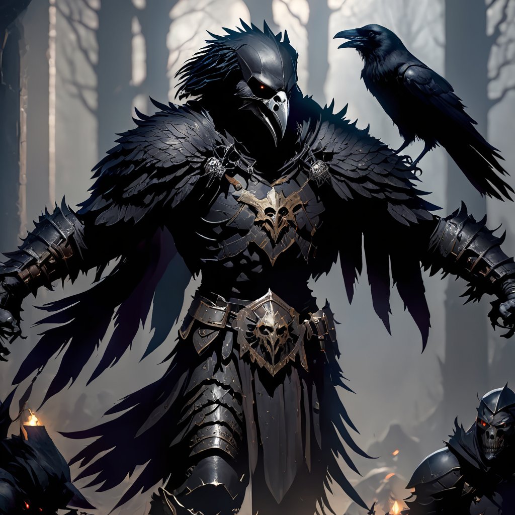 crow man, ravenlord, raven face, with armor, full body, action_pose, full_body, fighting with Orcs, human remains, realistic, realism, high quality, gothic style, movie scene, cinematic