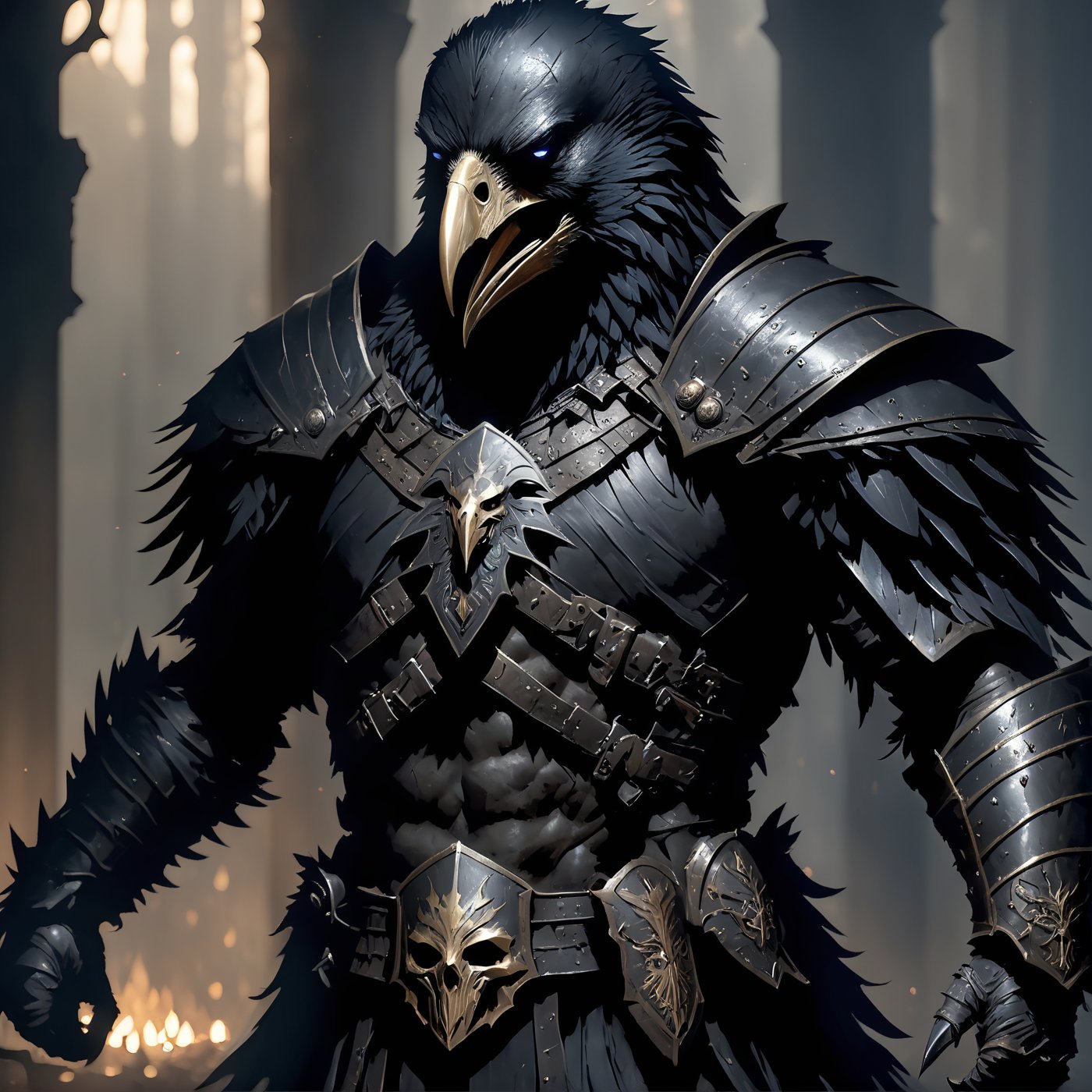 crow man, ravenlord, raven face, crow face, with armor, full body, action_pose, full_body, fighting with Orcs, human remains, realistic, realism, high quality, gothic style, movie scene, cinematic, panoramic, full body, full body