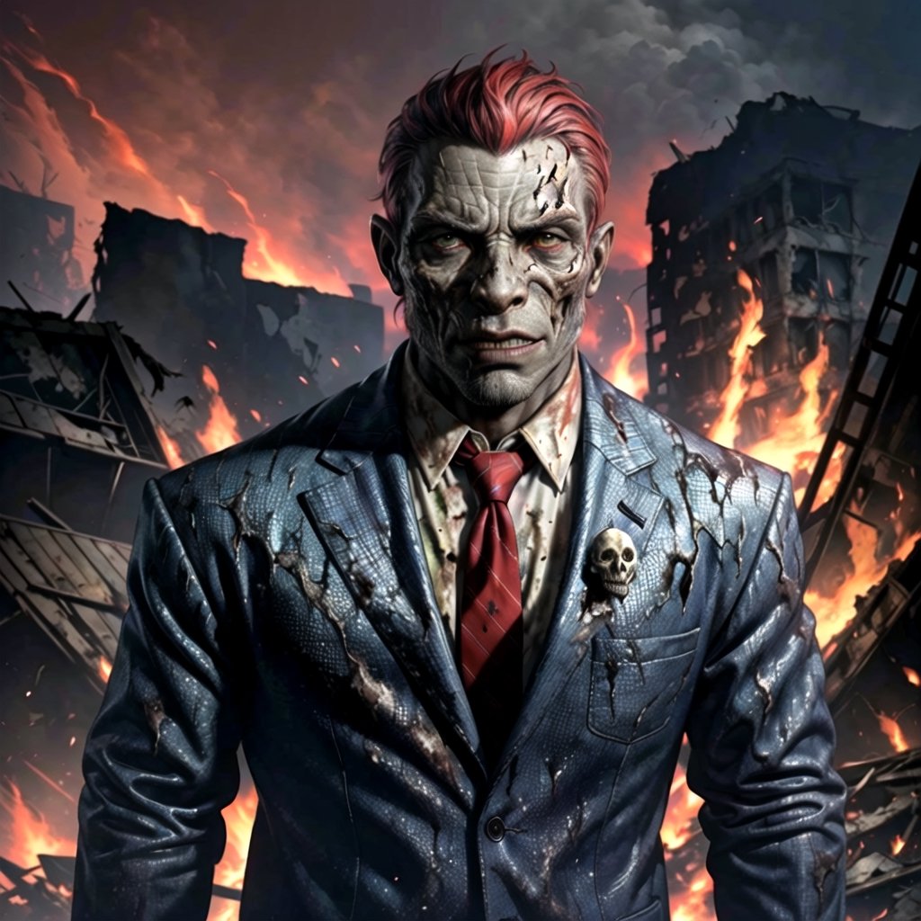 apocalyptic scene, Corrupt politician (with reptilian half face, suit with tie, deformed face), damaged buses, mushroom cloud, skull people, destroyed buildings, acid raining, fire, pandemonium, red sky, dust particles in the environment, far view, far scene view, high_resolution, high quality, red_filter, red colorized, (vibrant, photo realistic, realistic, dramatic, dark, sharp focus, 8k), (weathered greasy dirty damaged old worn technician worker outfit:1.1), (intricate:1.1), (highly detailed:1.1), digital painting, octane render, (loish:0.23), (global illumination, studio light, volumetric light),demonictech,dragonborn,[color] dragonborn (see description and 