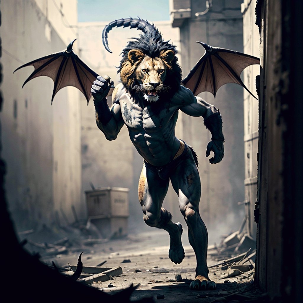 character,character_name Manticore, 1 character animal,mythological,mythology,logo_design,a Manticore (1 manticore,head and body of a lion, wings of a bat and tail of a scorpion),lion roar,Lion_roar,front view,shot from the front, look ahead,hyper realistic, front_view,super high definition, high detailed hands,high_resolution,high quality, red_filter,red colorized,(vibrant,photo realistic,realistic,dramatic, dark,sharp focus,8k), (weathered greasy dirty damaged old worn technician worker outfit:1.1), (intricate:1.1), (highly detailed:1.1), digital painting, octane render, (loish:0.23), (global illumination, studio light, volumetric light),high_res,high_resolution,highres,cibertribal,valkyrie style