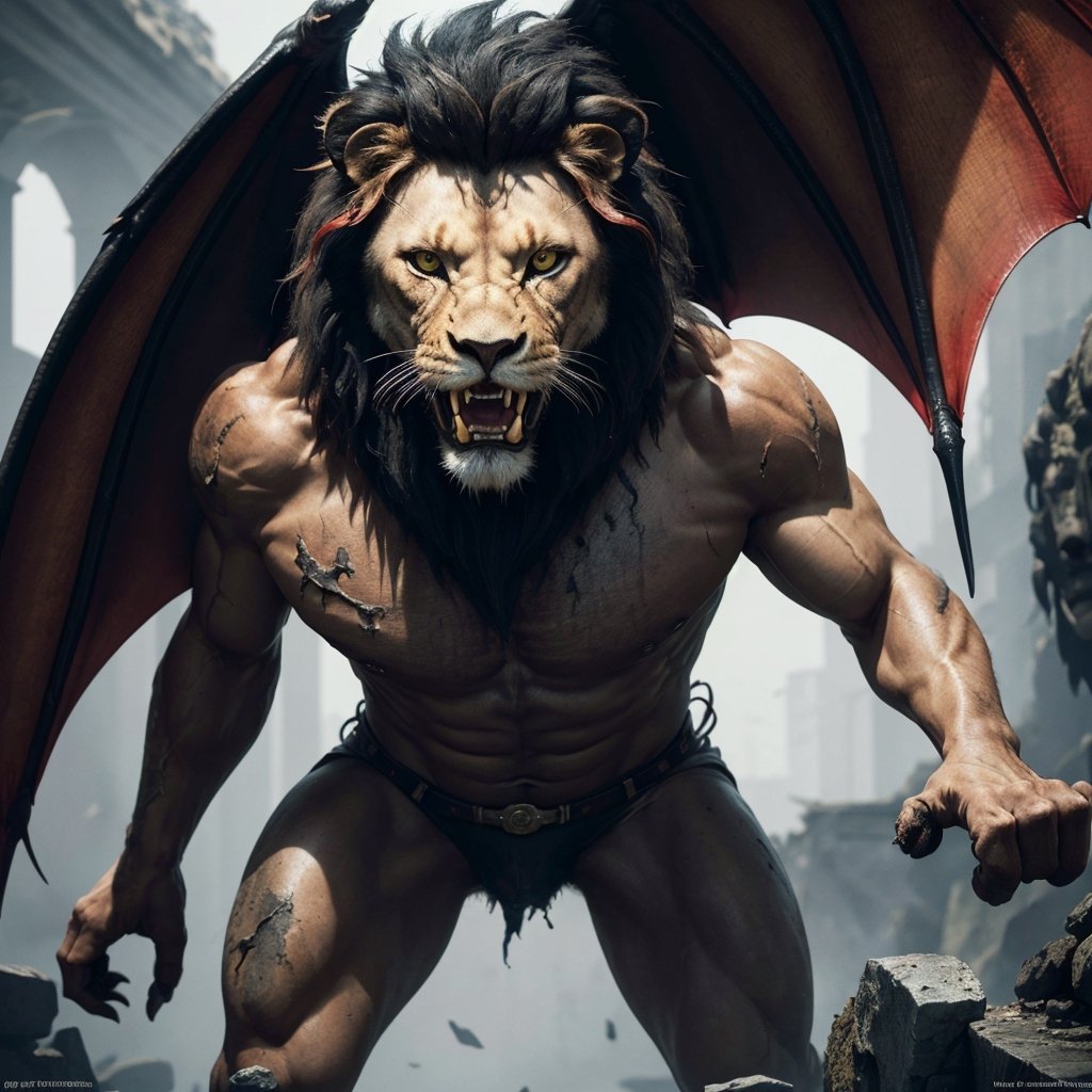 character,character_name Manticore, 1 character animal,mythological,mythology,logo_design,a Manticore (1 manticore,lion head,lion body, wings of a bat,scorpion tail stinger),lion roar,Lion_roar,front view,shot from the front, look ahead,hyper realistic, front_view,super high definition, high detailed hands,high_resolution,high quality, red_filter,red colorized,(vibrant,photo realistic,realistic,dramatic, dark,sharp focus,8k), (weathered greasy dirty damaged old worn technician worker outfit:1.1), (intricate:1.1), (highly detailed:1.1), digital painting, octane render, (loish:0.23), (global illumination, studio light, volumetric light),high_res,high_resolution,highres,cibertribal,valkyrie style