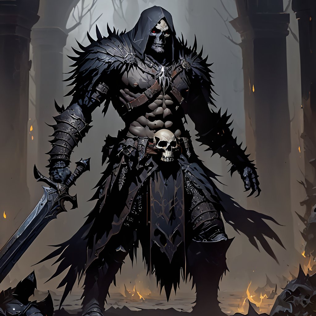 crow man, ravenlord, with armor, full body, action_pose, full_body, fighting Orcs, skulls on the floor