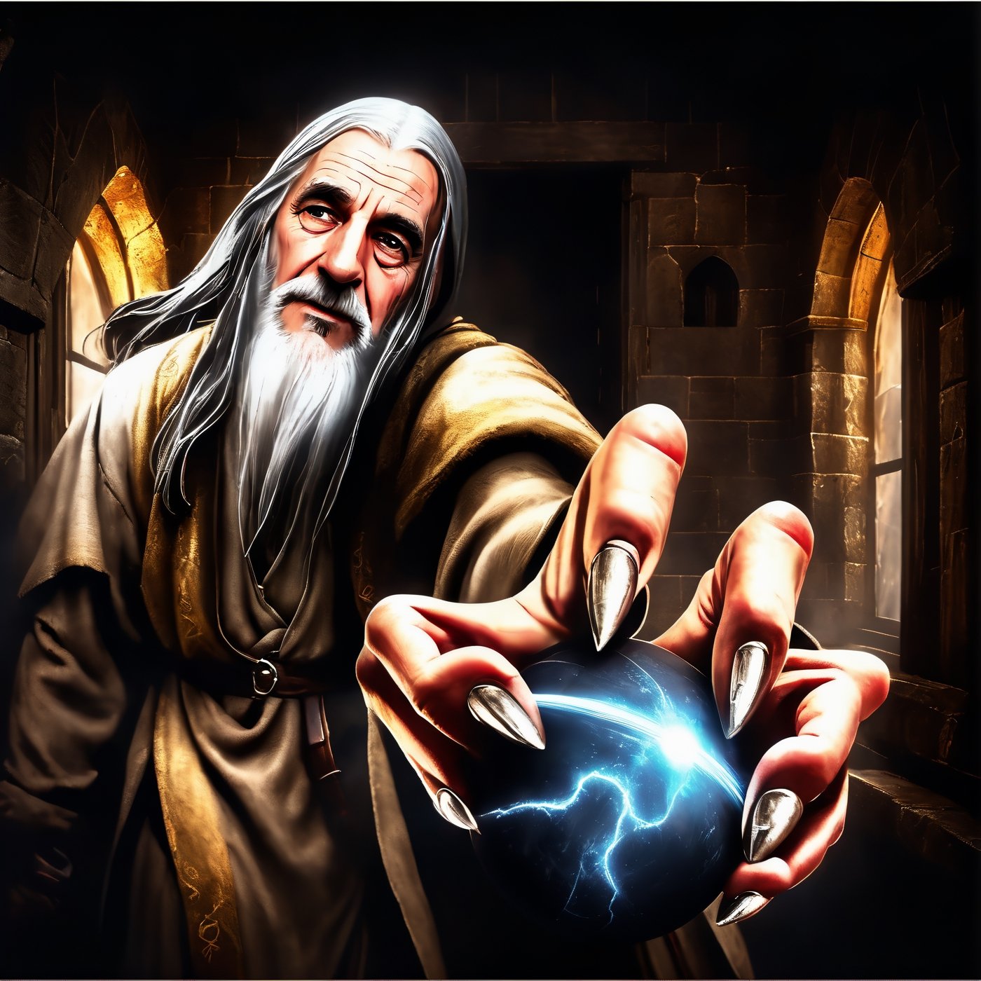 Masterpiece, wizard (old man, long white hair, in gray robe, and sphere of power in 1 hand, in war attack position), inside a medieval castle, realistic, hyper realistic, super high definition, high detailed hands, uniform eyes,  medieval, story, high_resolution, high quality, red_filter, red colorized, (vibrant, photo realistic, realistic, dramatic, dark, sharp focus, 8k), (weathered greasy dirty damaged old worn technician worker outfit:1.1), (intricate:1.1), (highly detailed:1.1), digital painting, octane render, (loish:0.23), (global illumination, studio light, volumetric light),lord of the rings (but careful with the word "lord"),Circle,b3rli,gh3a