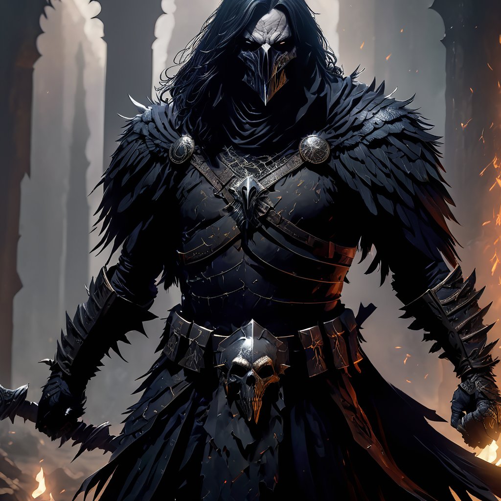 crow man, ravenlord, raven face, crow face, with armor, full body, action_pose, full_body, fighting with Orcs, human remains, realistic, realism, high quality, gothic style, movie scene, cinematic, panoramic, full body, full body