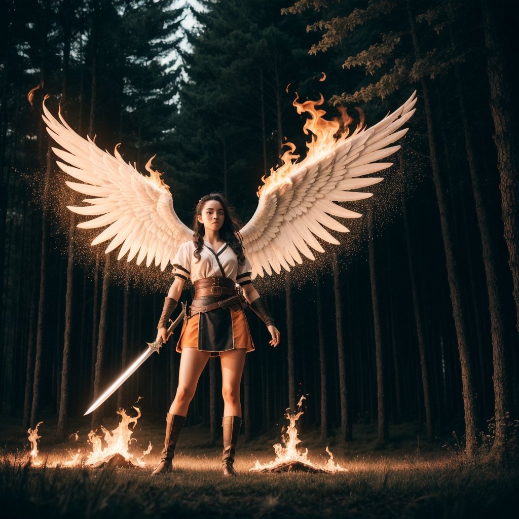 Story, Angelic woman in an beautiful forest, caucasic, black hair, warrior battle pose under medieval battle history, fire wings, battle pose, sword, sparks of fire, elaborate scene style, 1 girl, skull orcs on ground, front view, glitter, orange, realistic style, 8k,exposure blend, medium shot, bokeh, (hdr:1.4), high contrast, (cinematic, dark orange and white film), (muted colors, dim colors, soothing tones:1.3), low saturation, (hyperdetailed:1.2), (noir:0.4),1 girl, warm color