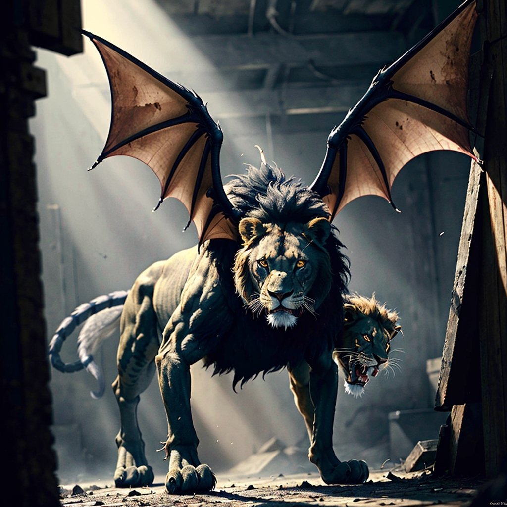 character,character_name Manticore, 1 character animal,mythological,mythology,logo_design,a Manticore (1 manticore,lion head,lion body, wings of a bat,scorpion stinger),lion roar,Lion_roar,front view,shot from the front, look ahead,hyper realistic, front_view,super high definition, high detailed hands,high_resolution,high quality, red_filter,red colorized,(vibrant,photo realistic,realistic,dramatic, dark,sharp focus,8k), (weathered greasy dirty damaged old worn technician worker outfit:1.1), (intricate:1.1), (highly detailed:1.1), digital painting, octane render, (loish:0.23), (global illumination, studio light, volumetric light),high_res,high_resolution,highres,cibertribal,valkyrie style