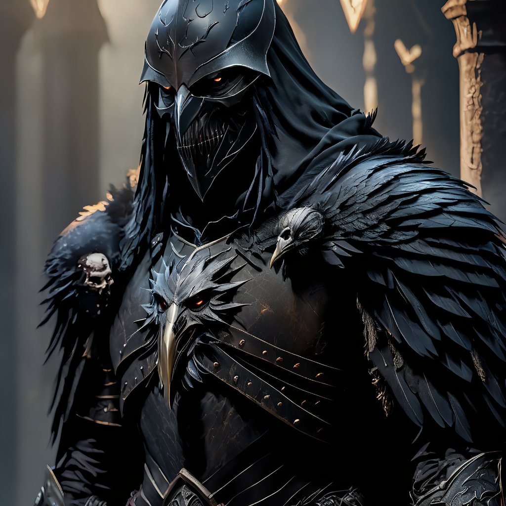 crow man, ravenlord, raven face, with armor, full body, action_pose, full_body, fighting with Orcs, human remains, realistic, realism, high quality, gothic style, movie scene, cinematic