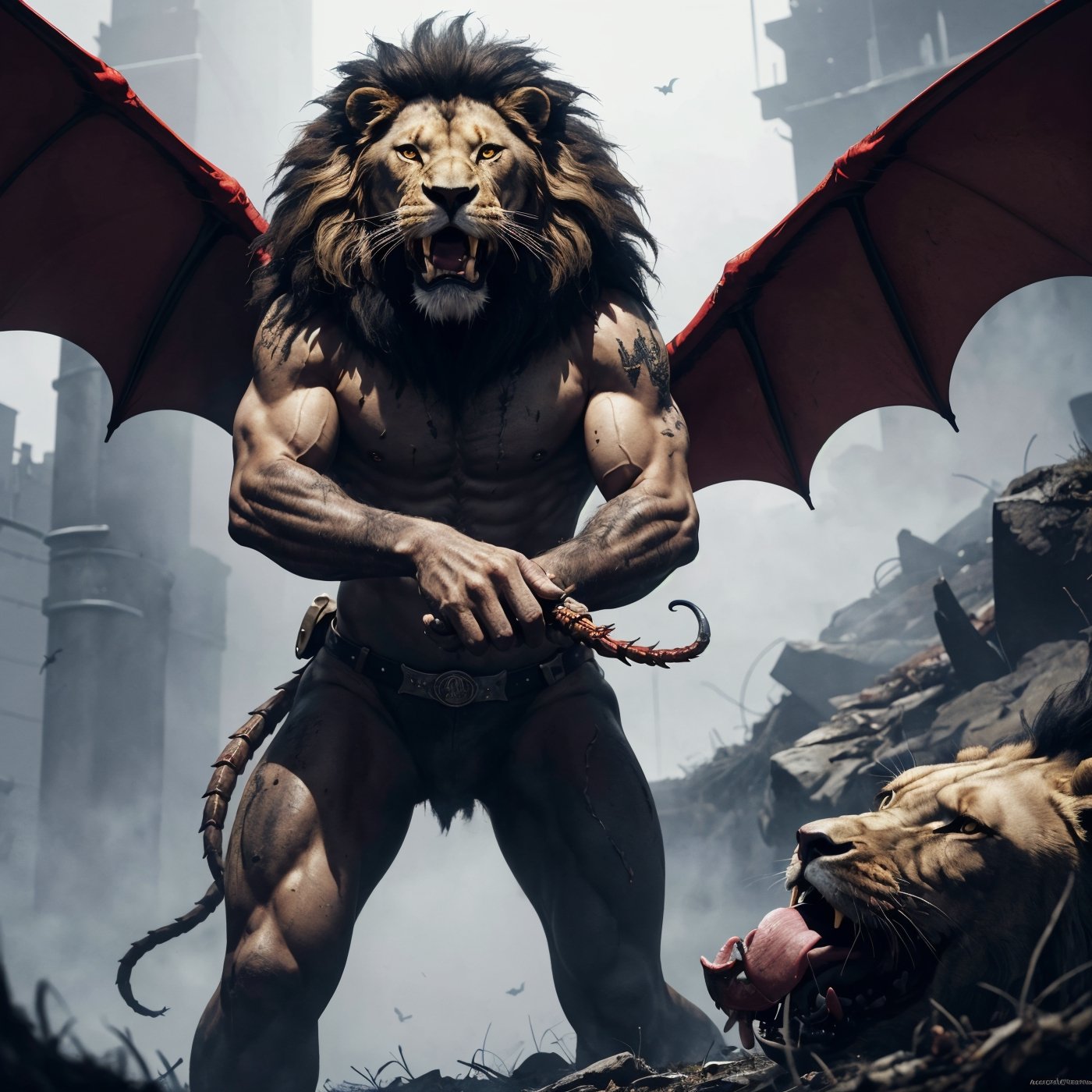 character,character_name Manticore, 1 character animal,mythological,mythology,logo_design,a Manticore (1 manticore,lion head,lion body, wings of a bat,scorpion tail stinger),lion roar,Lion_roar,front view,shot from the front, look ahead,hyper realistic, front_view,super high definition, high detailed hands,high_resolution,high quality, red_filter,red colorized,(vibrant,photo realistic,realistic,dramatic, dark,sharp focus,8k), (weathered greasy dirty damaged old worn technician worker outfit:1.1), (intricate:1.1), (highly detailed:1.1), digital painting, octane render, (loish:0.23), (global illumination, studio light, volumetric light),high_res,high_resolution,highres,cibertribal,valkyrie style