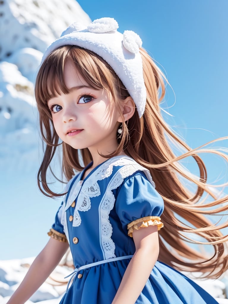 ((6year old girl:1.5)), 1 girl, loli, petite girl, complete anatomy, whole body, children's body, child, super cute, girl, little girl, beautiful girl,  beautiful shining body,
bangs,brown hair,high eyes,(aquamarine eyess), drooping eyes, petite,tall eyes, beautiful girl with fine details, Beautiful and delicate eyes, detailed face, Beautiful eyes, beautiful shining body, 
Smiles, happiness, 
((snowfield,snow scene)),(white fur ),Inuit folk costume,(snow mountain blue sky:1.5), 
Random poses, bouncy hair, random angles,
natural light,((realism: 1.2)), dynamic far view shot,cinematic lighting, perfect composition, by sumic.mic, ultra detailed, official art, masterpiece, (best quality:1.3), reflections, extremely detailed cg unity 8k wallpaper, detailed background, masterpiece, best quality, (masterpiece), (best quality:1.4), (ultra highres:1.2), (hyperrealistic:1.4), (photorealistic:1.2), best quality, high quality, highres, detail enhancement,