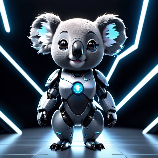 centered, solo, digital art,koala, chibi, black and blue sky futuristic, neon lights, floating, (gray background:1.2), simple background,(symetrical), Animal, google glass,dark background, spotlight ,retrowavetech,full body,((Anthropomorphism:1.5))(masterpiece), (science fiction:1.4), high_res, 4k, ai robot maskot, (base colour white) , tensor art logo on her chest, tech lab background, intricate mech details, ground level shot, rendered in Blender, sci-fi, futuristic, trending on Artstation, epic, cinematic background, dramatic, atmospheric,full_body portrait, movie still, action_pose, cyborg style, chibi, 