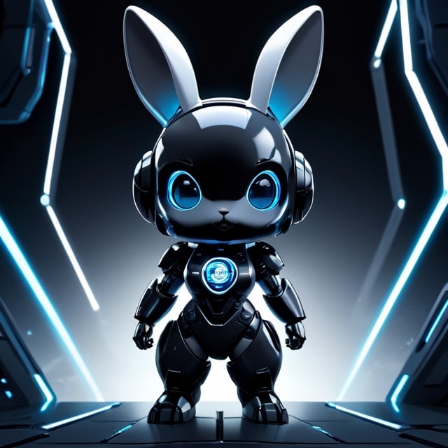 centered, solo, digital art, black rabbit, chibi, black and blue sky futuristic, neon lights, floating, (gray background:1.2), simple background,(symetrical), Animal, google glass,dark background, spotlight ,retrowavetech,full body,((Anthropomorphism:1.5))(masterpiece), (science fiction:1.4), high_res, 4k, ai robot maskot, (base colour white) , tensor art logo on her chest, tech lab background, intricate mech details, ground level shot, rendered in Blender, sci-fi, futuristic, trending on Artstation, epic, cinematic background, dramatic, atmospheric,full_body portrait, movie still, action_pose, cyborg style, chibi, 