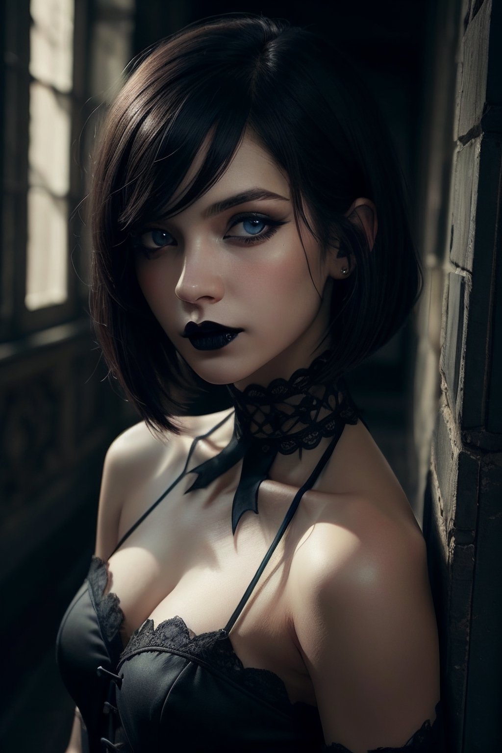 2d, high quality, masterpiece highly detailed face, highly detailed backgroud, solo, A mysterious gothic girl, with bob cut black hair, dark makeup, black lips,blue eyes, bare shoulders, medium boobs,wearing gothic clothes, Standing forward in a dark room, Poor light, close up view, 