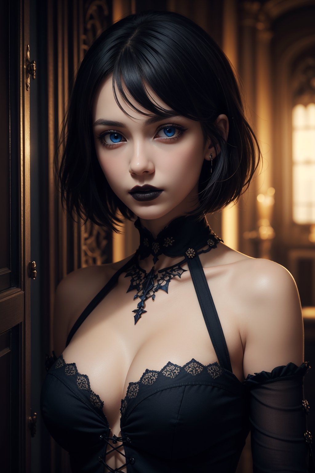 2d, high quality, masterpiece highly detailed face, highly detailed backgroud, solo, A mysterious gothic girl, with bob cut black hair, dark makeup, blue eyes, bare shoulders, medium boobs,wearing gothic clothes, Standing forward in a dark room, Poor light, close up view, 