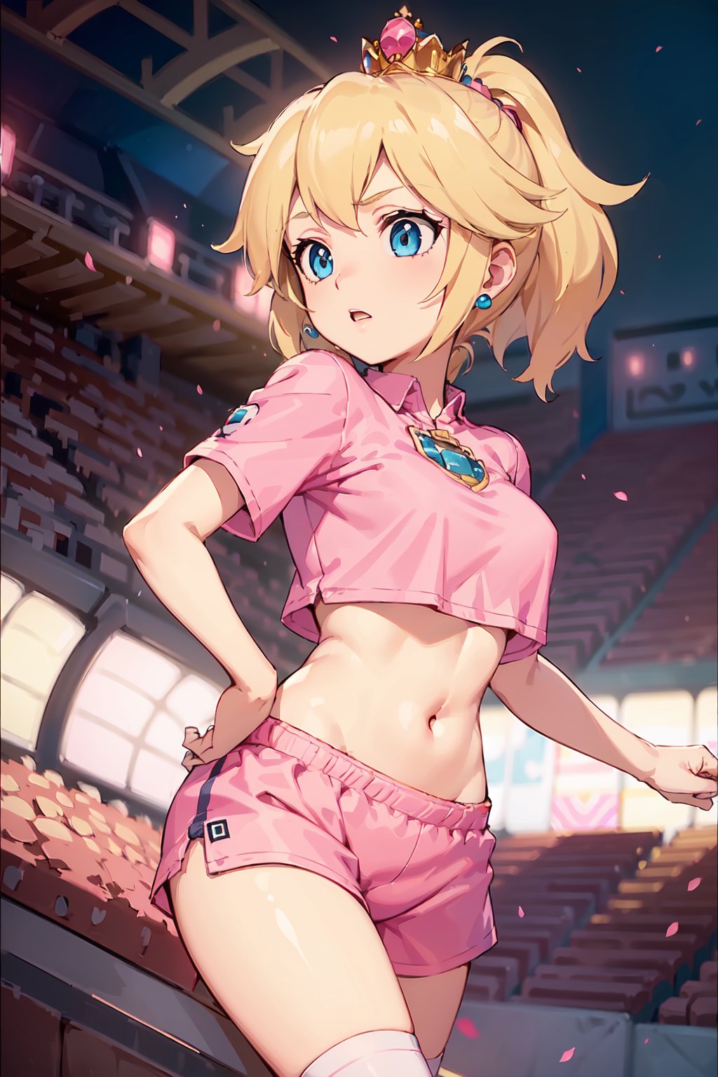 Young girl,soccer uniform, (pink short shirt: 1.5),(medium boobs: 1.5),show stomach,Blond hair,ponytail hairstyle,crown,blonde hair,blue eyes, (pink short shirt:1.5), (pink soccer shorts: 1.5), (pink soccer socks: 1.5), (soccer stadium background), 8k, 