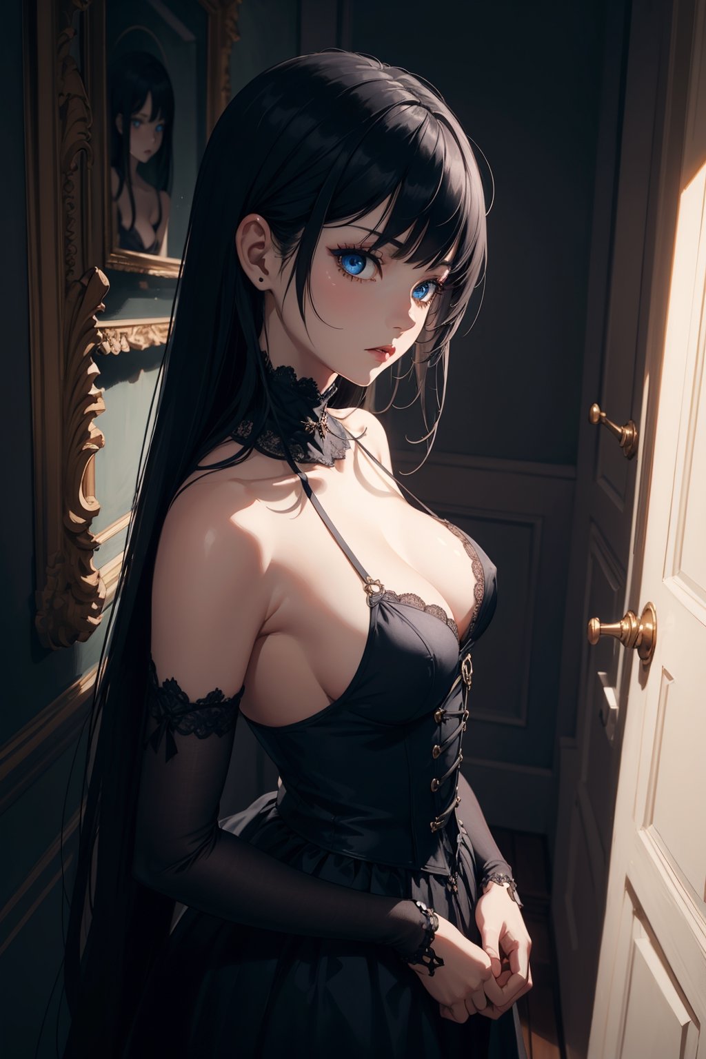 2d, high quality, masterpiece highly detailed face, highly detailed backgroud, solo, A mysterious gothic girl, with jet black hair, dark makeup, blue eyes, bare shoulders, medium boobs, wearing gothic clothes, Standing in a room, Poor light, portrait,Seen from the front, centered