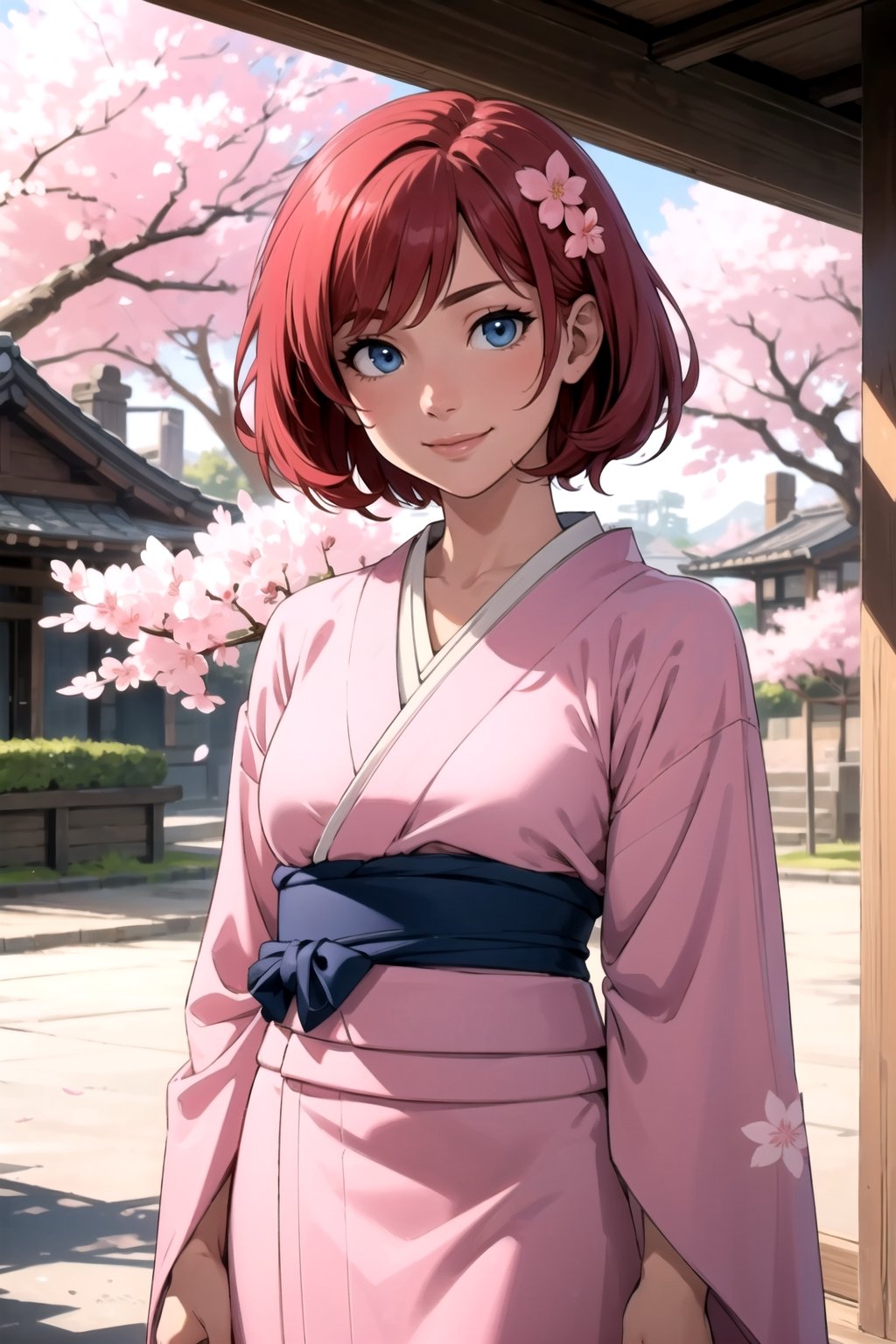 Natural lighting, high detailed eyes, closeup of a woman with pink kimono, front viewer, red hair, (hair flower), short hair, blue eyes, friendly smile, standing on old japanese town, cherry blossoms, day, sunlight, scenary