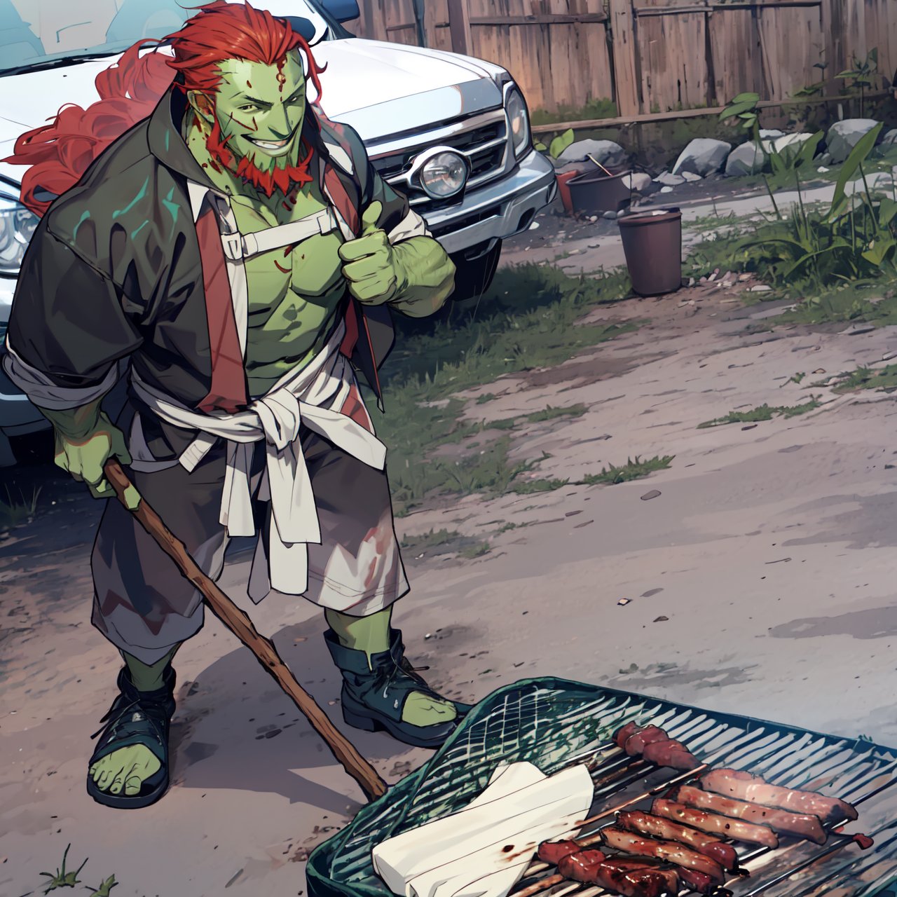 1 man, beard, red hair, (green skin:1.5), natural smile, right hand holding long stick, playing barbecue, barbecue on ground, left hand, thumbs up, slightly tilted, dirt floor, car background,