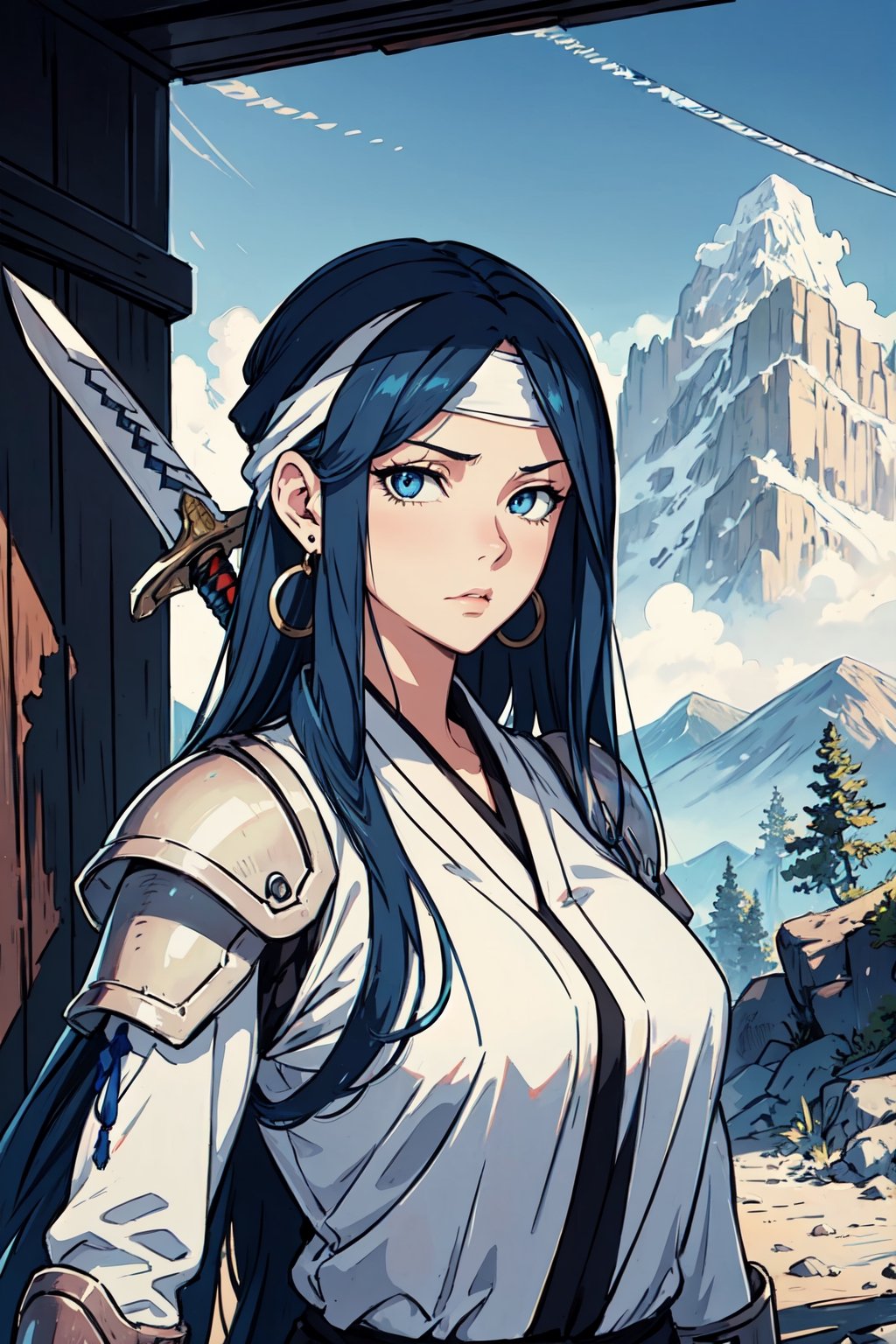 ((Style of bleach)), warrior girl,  blue hair, long hair, blue eyes, sword in the back, earrings, light armor,  bandana, portrait, mountains, sky, scenary