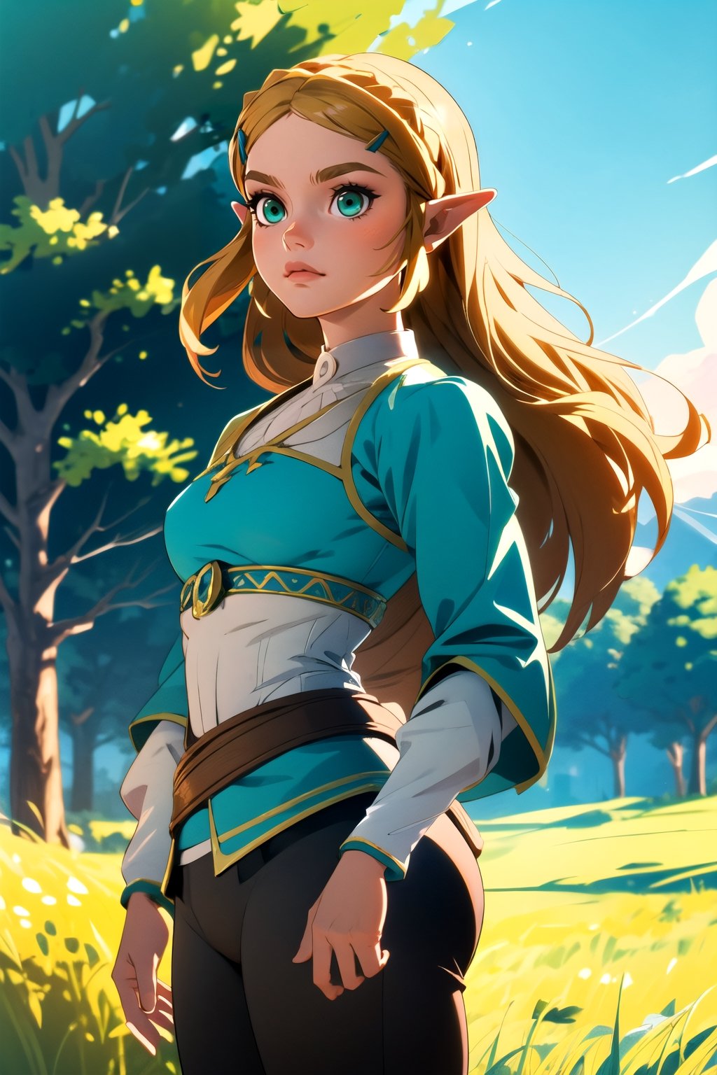 (masterpiece, best quality), highres, ultra detailed, 4k, side viewed,1girl, princess zelda, zeldaBotW, green eyes, blonde hair, pants, Looking to the horizon, determined look, cowboy shot, outdoors, intricate, highly detailed,zeldaBotW,princess zelda,nintendo