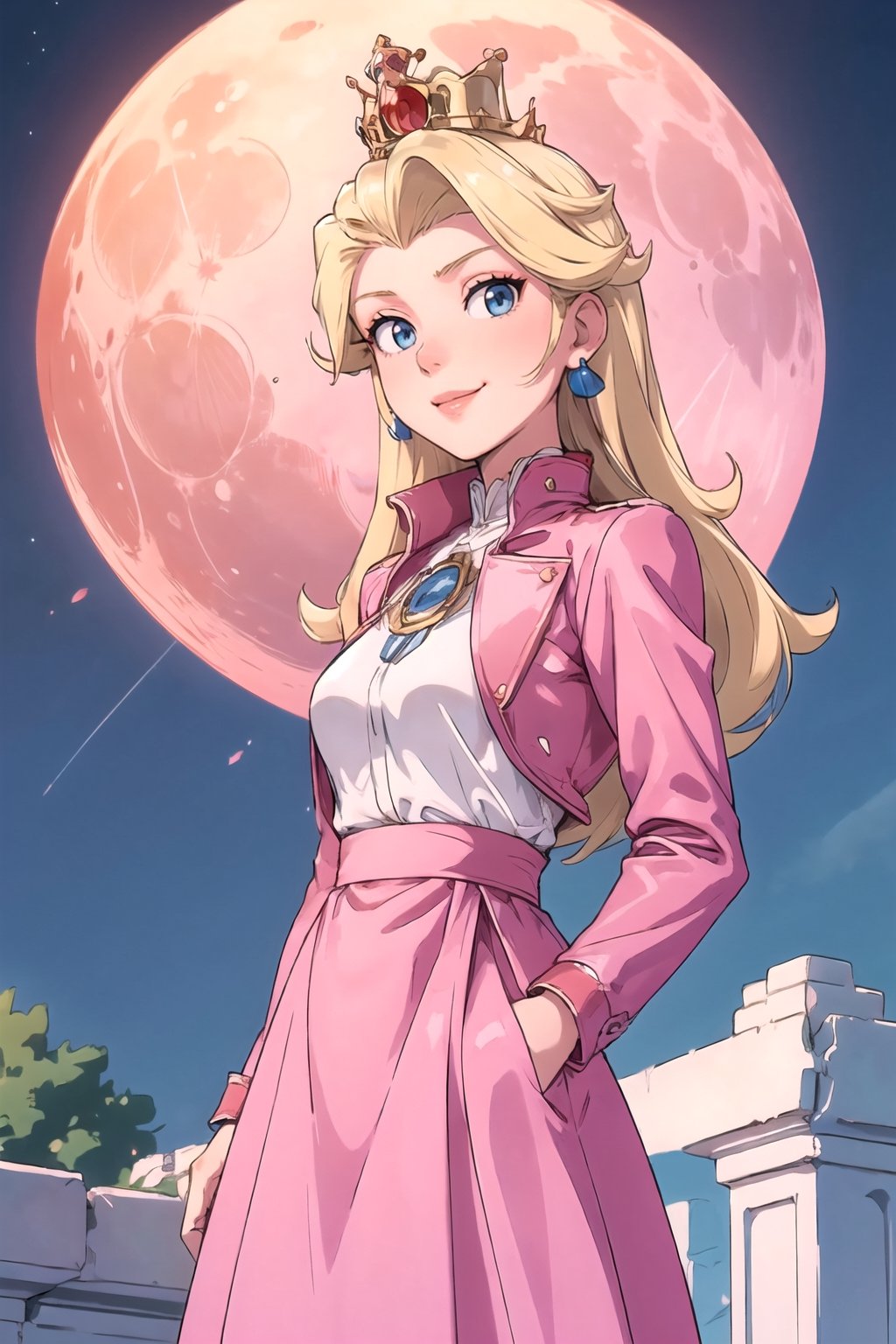 Beautiful woman standing front at viewer, (slick back hair:1.3), blonde hair, long hair, blue eyes, pink long skirt, white shirt, red jacket, crown, friendly smile, (medium breats), hands in pockets, looking at viewer, (big moon:1), sky, night, castle