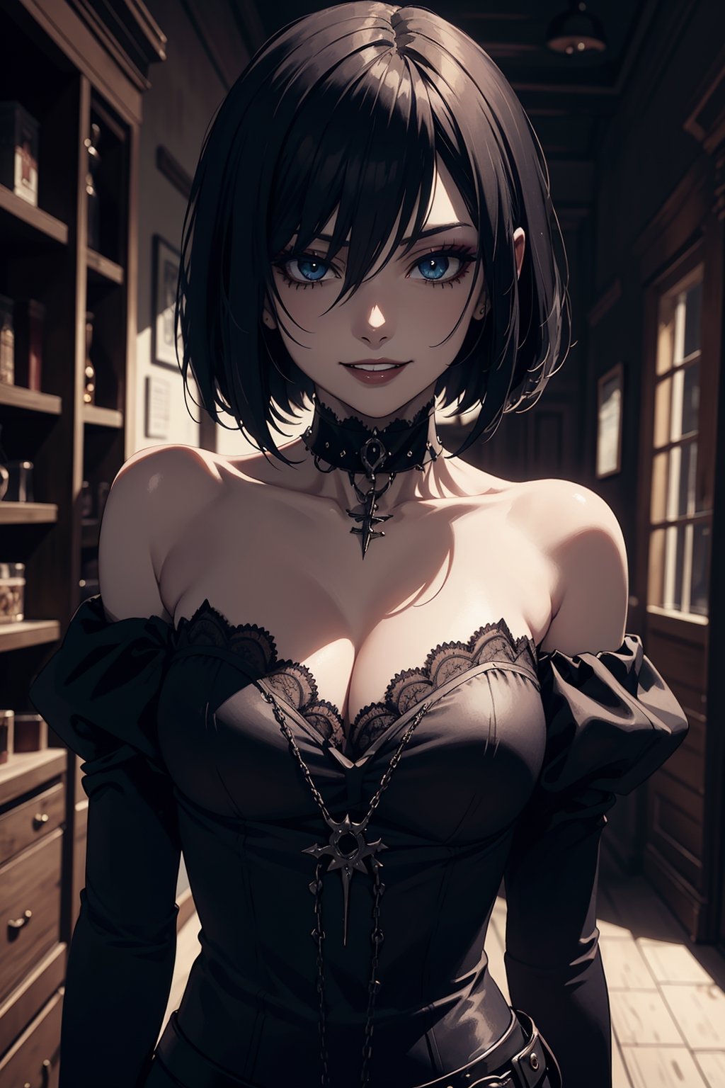 2d,  masterpiece,  best quality,  anime,  highly detailed face,  highly detailed background,  perfect lighting,  gothic girl,  standing,  seductive,  bob cut,  makeup,  Psychopathic look,  smile,  gothic clothes,  choker,  gothic room