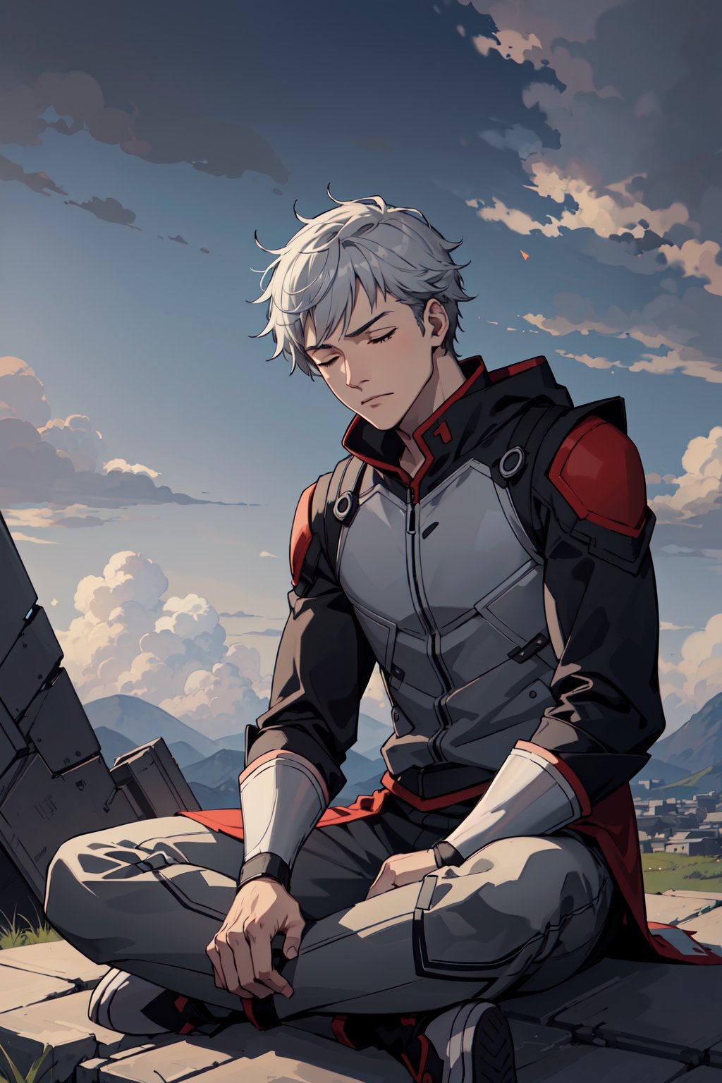 2d, masterpiece, best quality, anime, highly detailed face, perfect lighting, young boy, alone, sitting, eyes closed,light gray hair, short hair, meditation pose, windy, gray warrior clothes with black, sky, clouds, 