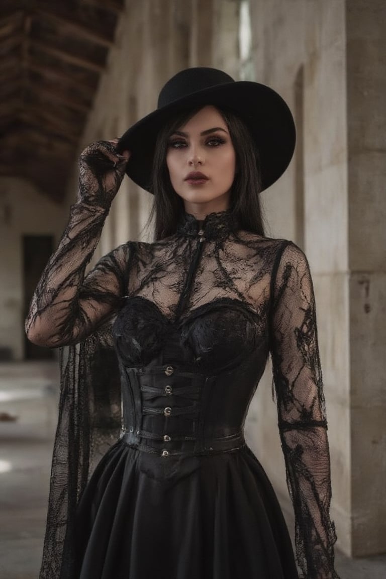 cinematic photo, HQ photography, (((realistic photo))),Cute black-haired brittish girl, standing in an abandoned church, skinny body, violet eyes, corset dress, lace gloves, wide brim hat, gothic-chic_style,aidmaNSWFunlock