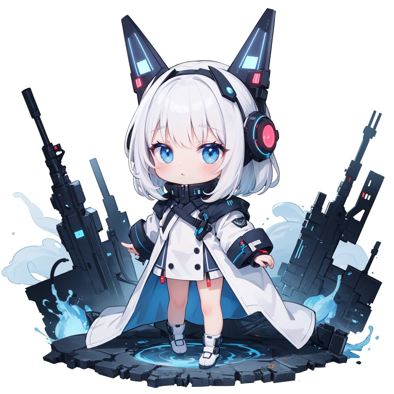 Simple white background, mascot, 1girl, solo, masterpiece, best quality, chibi, full body, futuristic, futuristic white outfit, futuristic coat, short-hair, (blue catears headgear