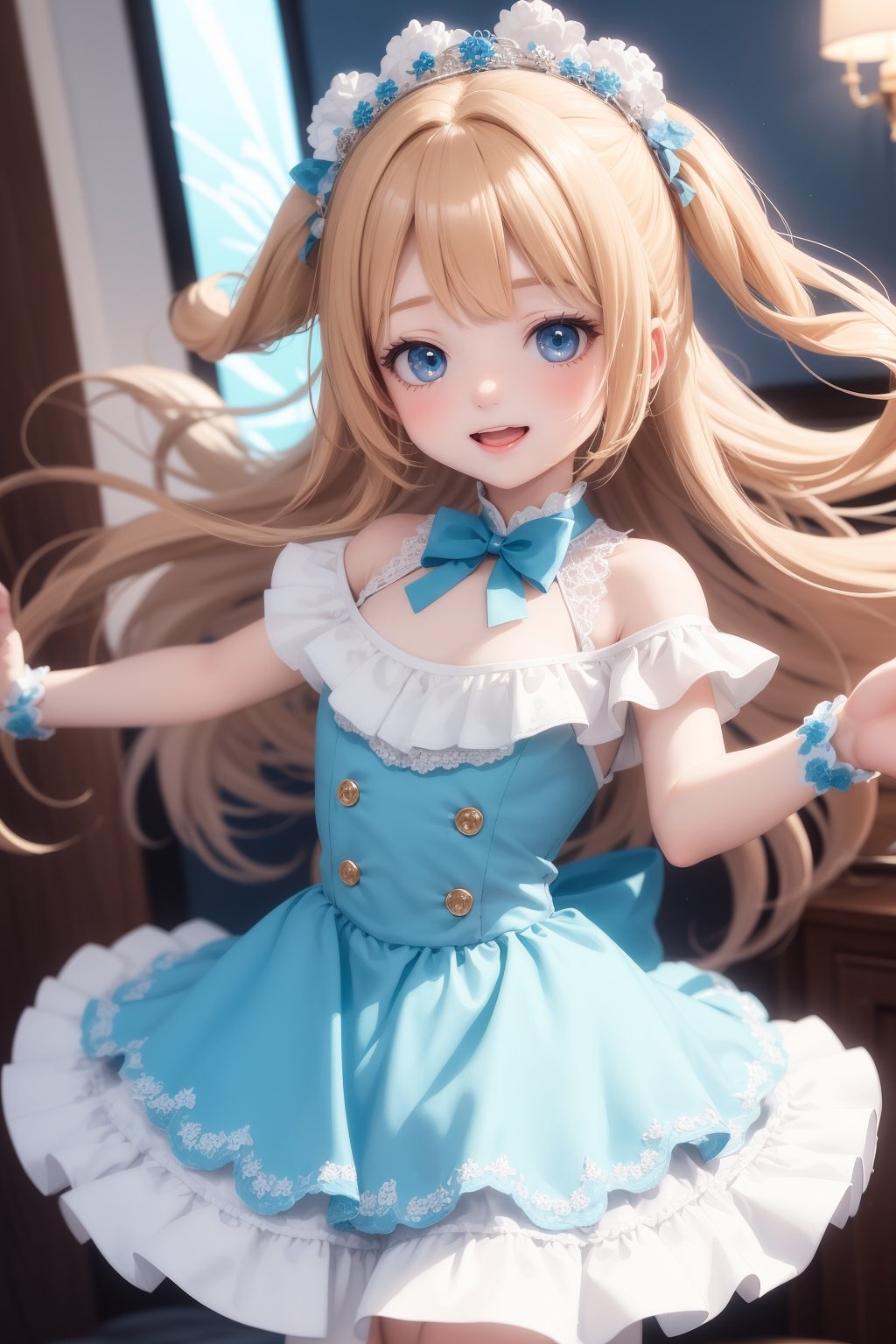 1girl, masterpiece, best quality, dancing, cute, cute dress, expressions, kawaii, blue eyes, happy