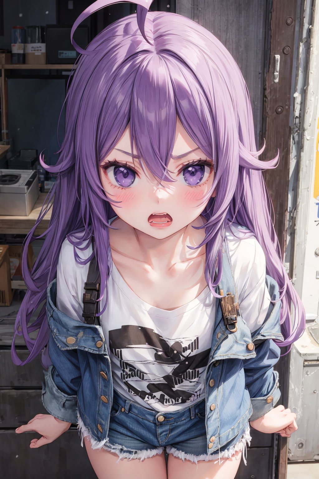 1girl,masterpiece,best quality,long hair, purple hair, ahoge, oversized t-shirt, denim shorts, denim jacket, looking at viewer, facing viewer , angry, blush , open mouth, from above, close view