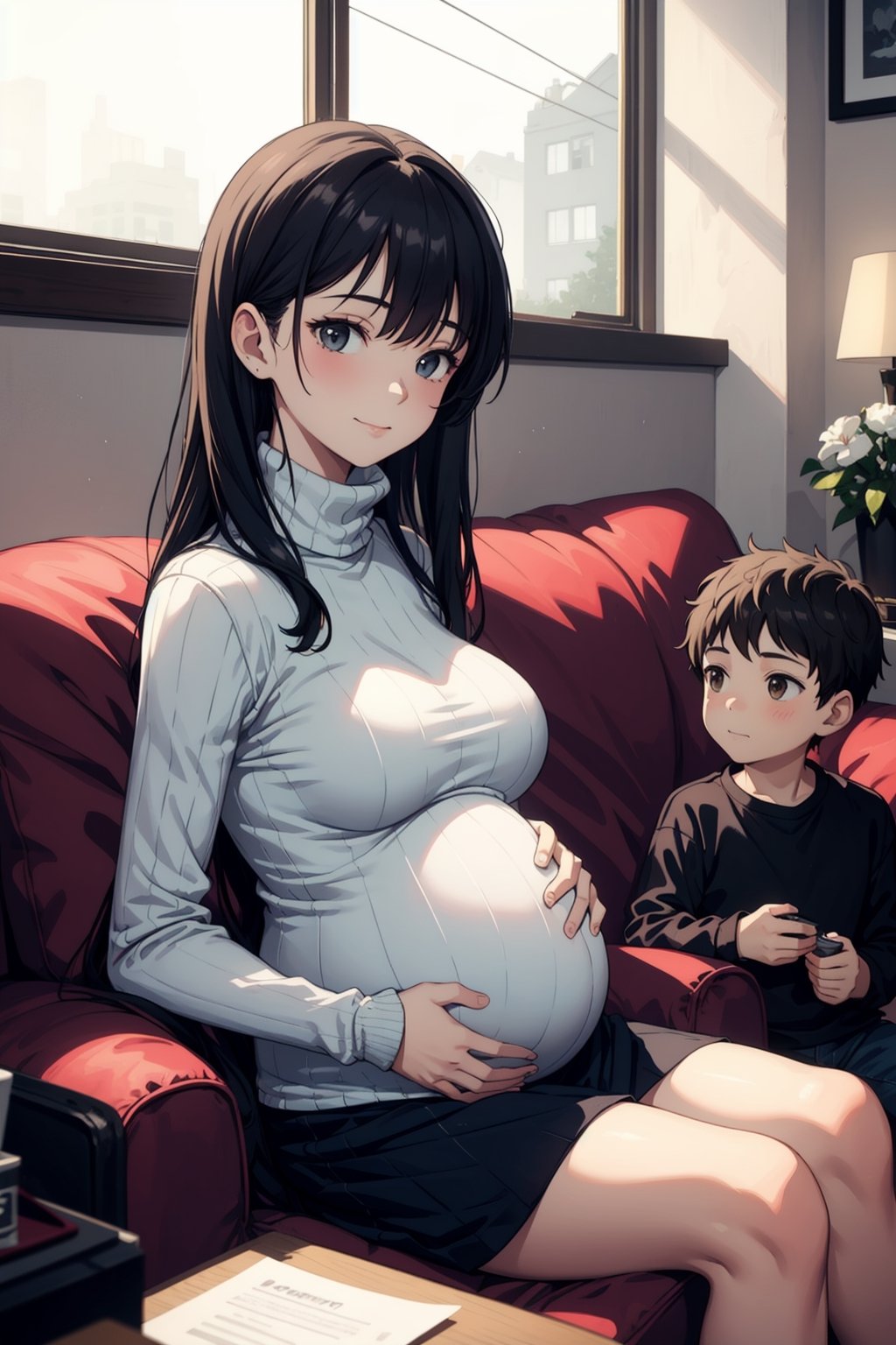 masterpiece, best quality, 1girl, 1boy, pregnant woman with her son, sitting inside house, soft smile, turtleneck