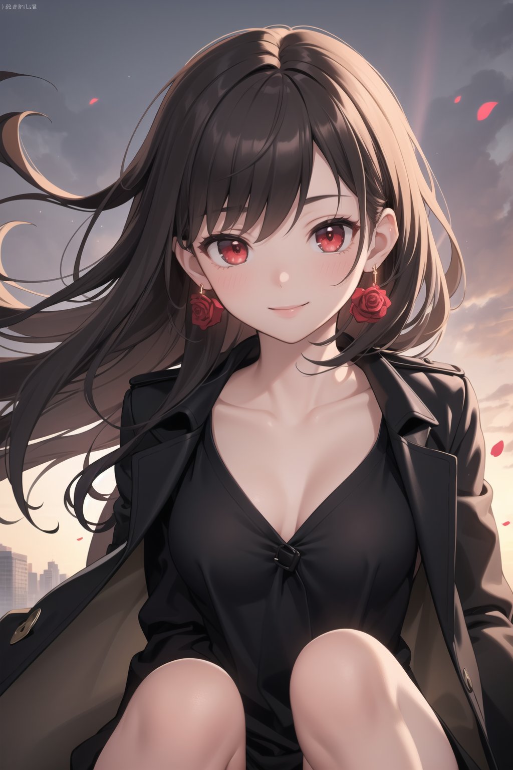 (masterpiece), best quality, high resolution, highly detailed ,detailed background, perfect lighting, realistic, 1girl, body till knees, light smile, hair_over_eye, chocolate_hair, black trench coat,black shirt, glow, long tie,crimson red eye,  collarbone, slim, sunbeam, sunlight, rose, wind,ear_rings